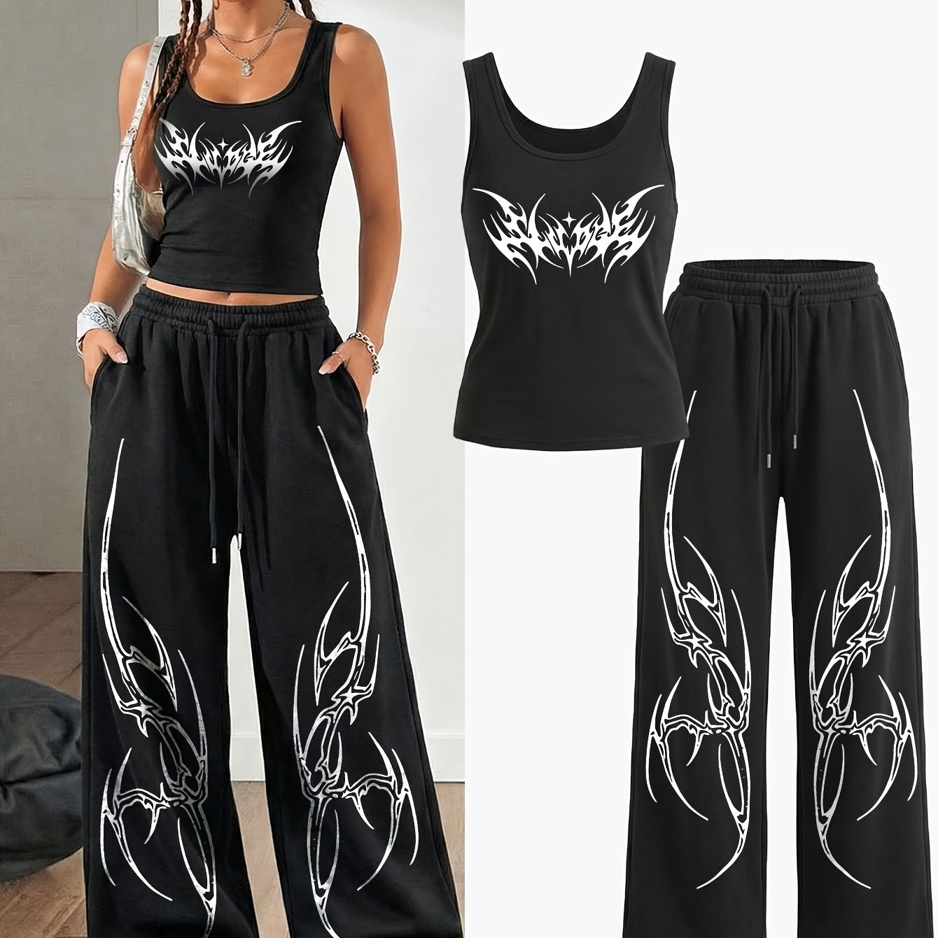 TEMU /summer Set With White Striped Print, Vest And Straight-leg Trousers. Machine Washable Black Set, , Stylish Soft Fabric, Retro Hip-hop Y2k