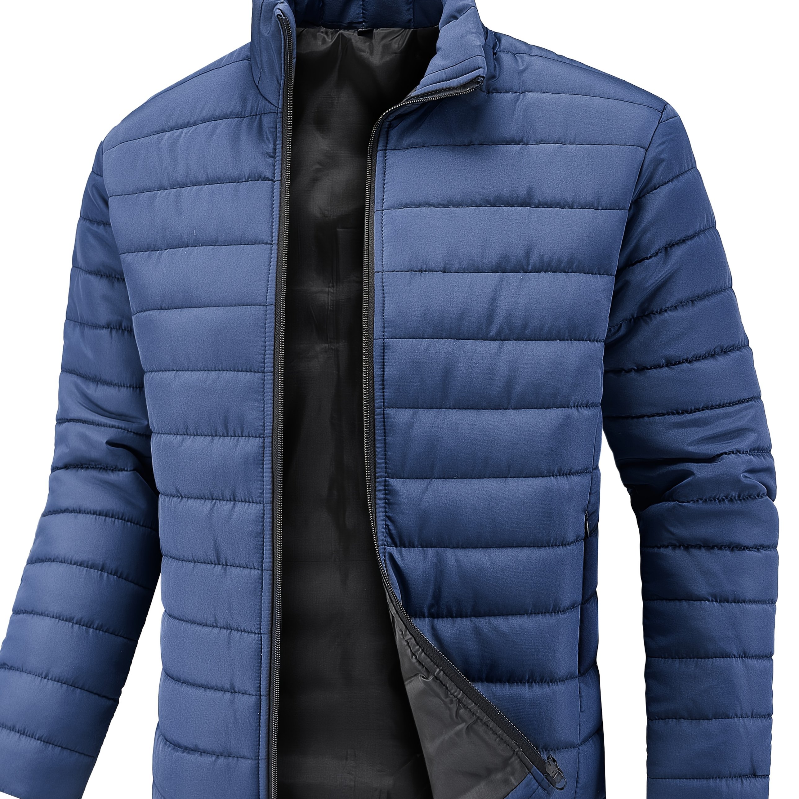 TEMU Men's Winter Lightweight Stylish Padded, Slim Fit Stand Collar Warm Jacket, Plus Size Padded, Solid Color Padded