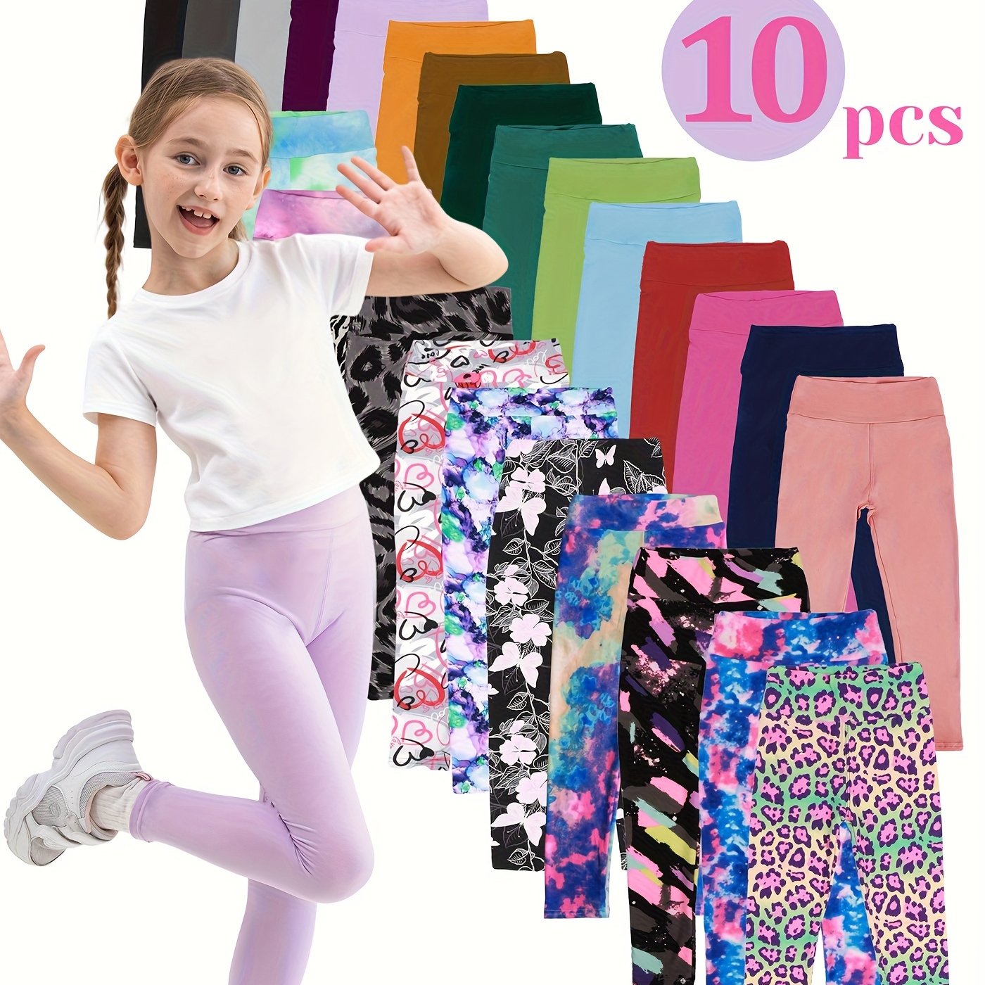 Image of Random 10pcs High-waist Leggings, Girls' Ultra-stretch Casual All- Solid High-waist Leggings Yoga Pants Set