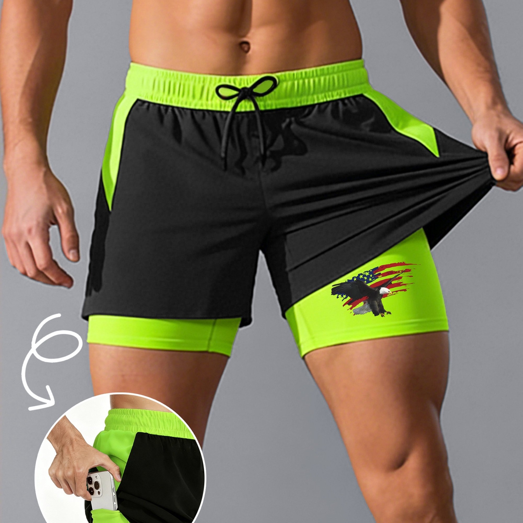 TEMU Men's Color-block Waistband Double-layer Quick-dry Athletic Shorts, Built-in Anti-sheer Elastic Liner, Side Pockets For Phone Storage,