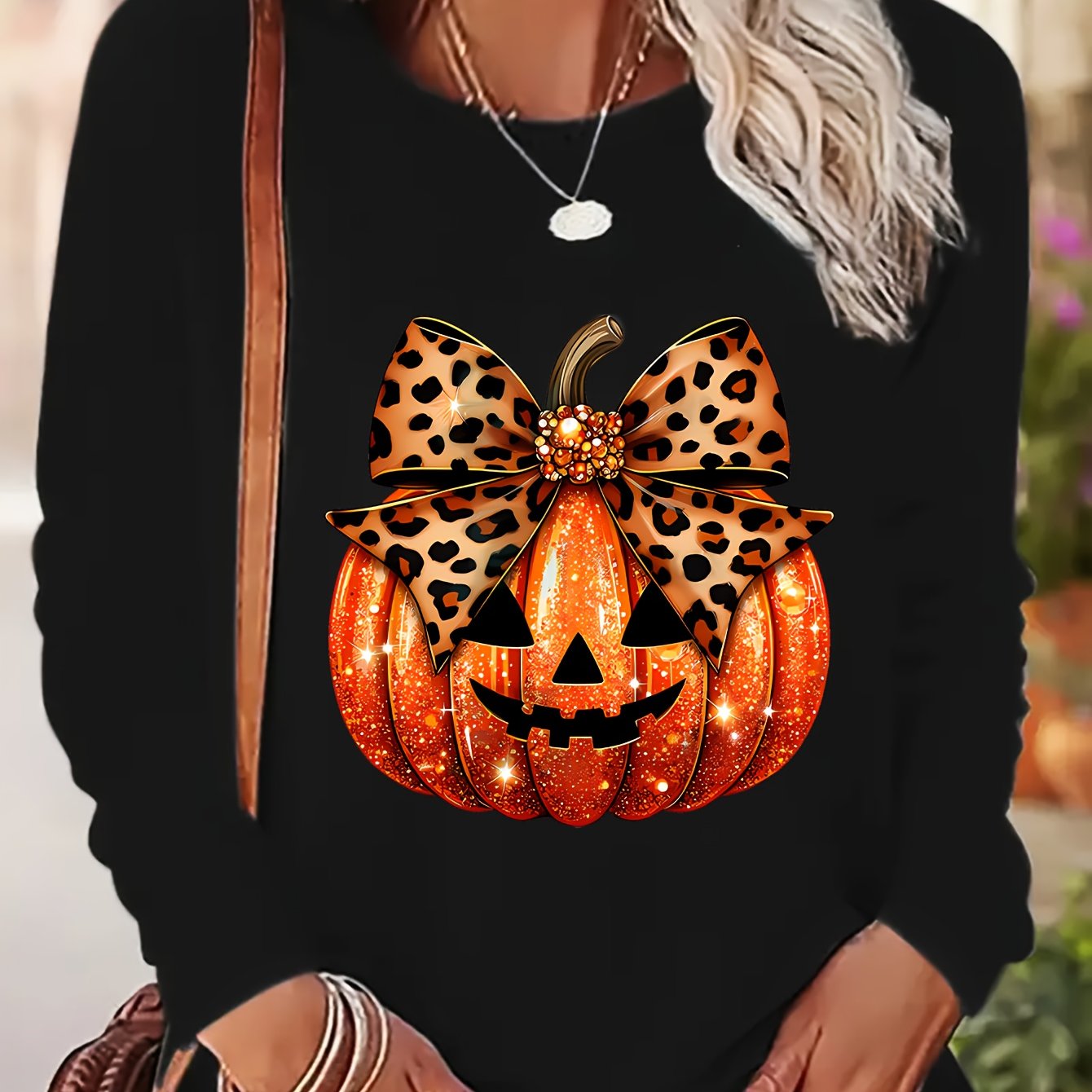 TEMU T-shirt à manches longues et col rond avec imprimé citrouille sur le thème d'Halloween