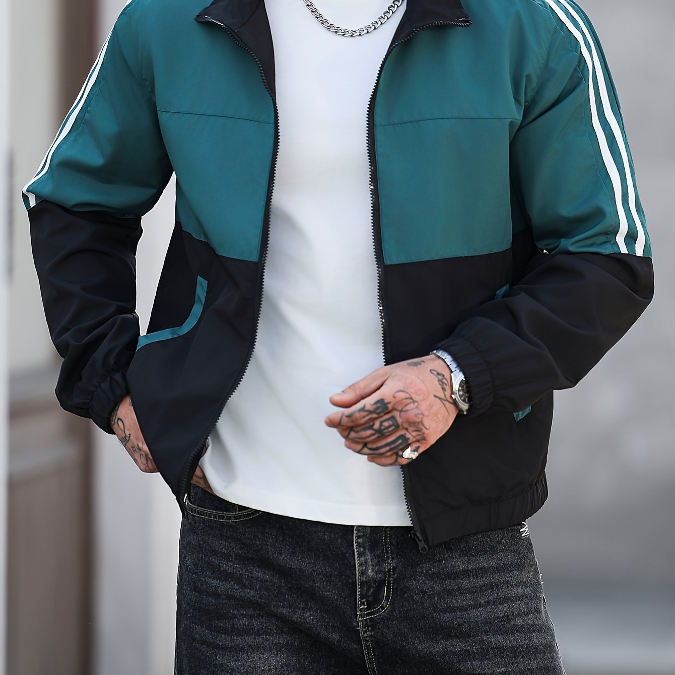 TEMU Men's Contrast Color Stand Collar Zippered Jacket, Casual Streetwear Outerwear, Webbing Decor, Spring/autumn Lightweight Windproof Softshell