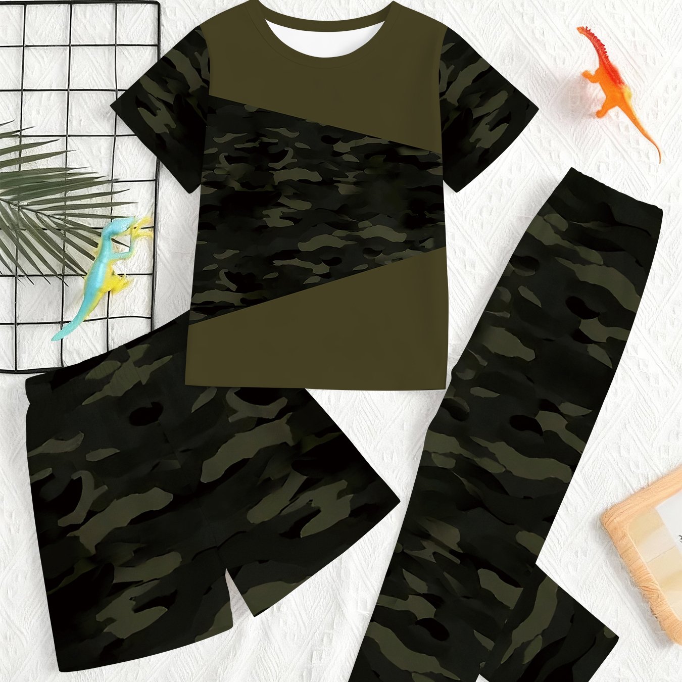 TEMU 3pcs Boys' Camo Outfit - Short-sleeve T-shirts, Shorts & Pants Matching Set | Camouflage Print Playwear | Light Beige-friendly 3d Clothes For