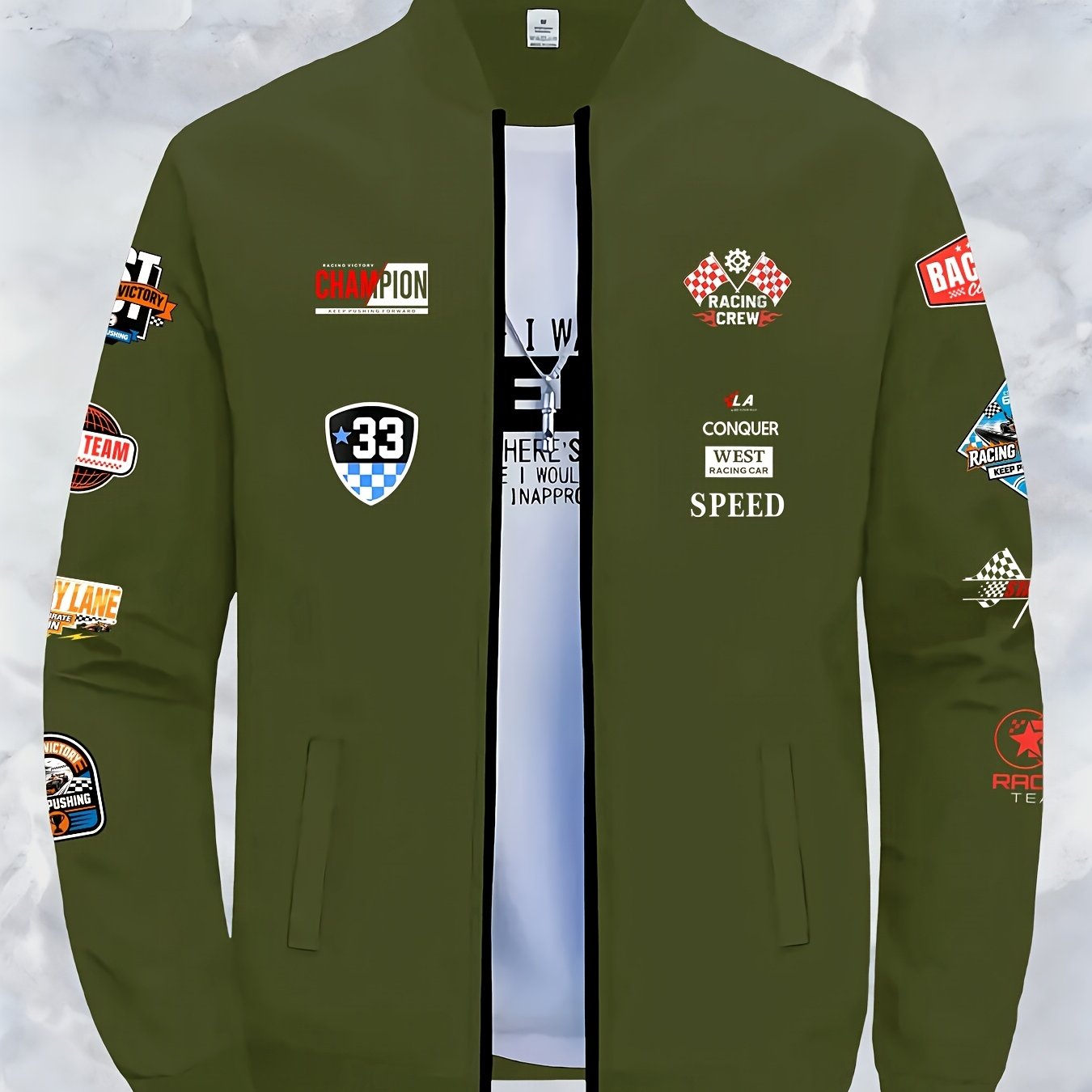 TEMU Printed Racing Men's Jacket With Collar And Zipper, A Fashionable Baseball-style Jacket For Versatile Spring And Autumn Wear