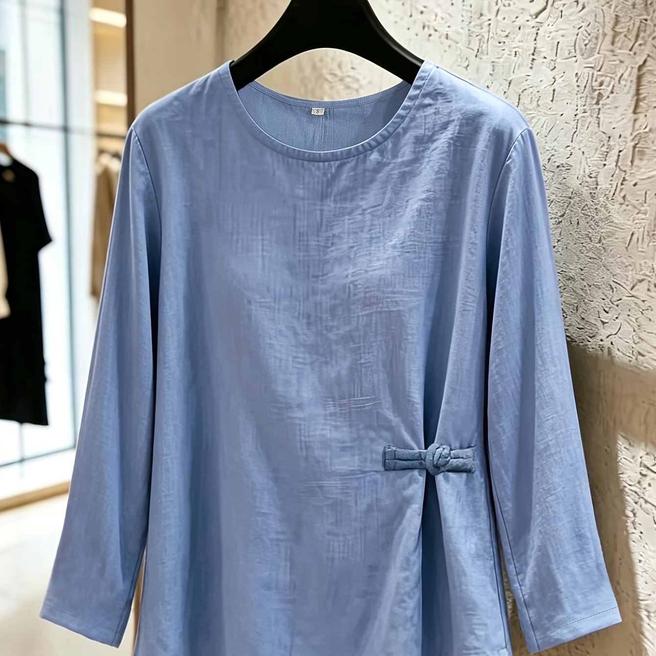 TEMU New Chinese Style Women's Top, Basic Round Neck With Side Single-prong , Gathered For A Effect, Three-quarter Length Sleeves, Washed Textured