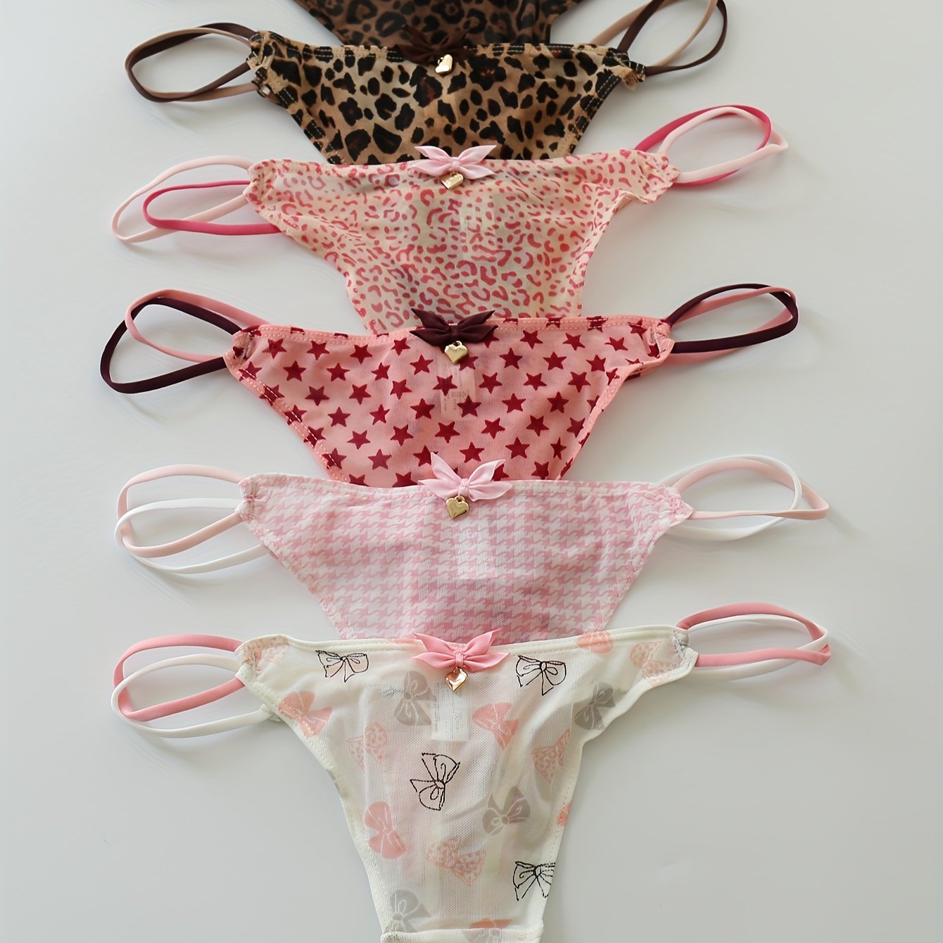 6-Pack Women's Mesh Thong Underwear - Low-Rise Semi-Sheer with Leopard Print, Floral, Gingham & Cherry Accents, Adjustable Bow Details - Soft Breathable Fabric for Everyday Comfort, Cute Underwear, Feminine Lingerie, Delicate Construction, Lingerie Essentials, Lightweight Material, Sheer Panties, Comfort Seekers