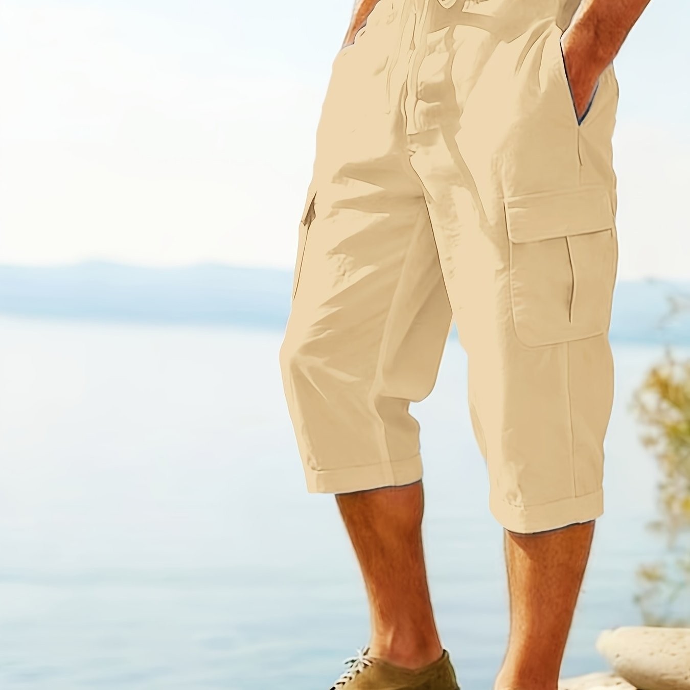Men's Linen Cargo Pants, Multi Pocket Breathable Cropped Pants, Loose Fit Solid Color Summer Casual Capris For Outdoor, Travel And Daily Wear
