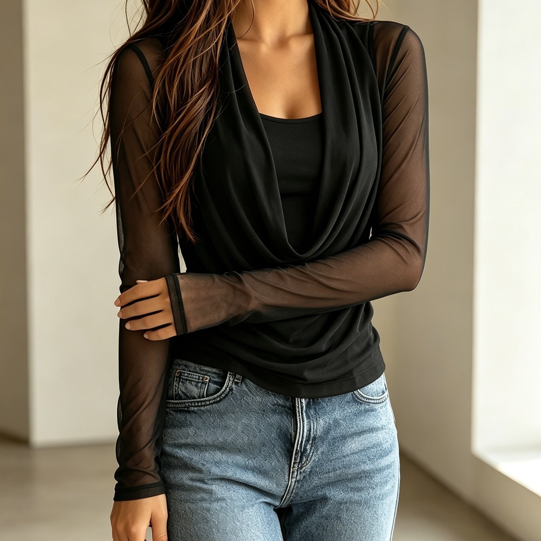 TEMU Bk260626072 Autumn And Winter Light And See-through Mesh Collar Shirt Suit Versatile Suspender Two-piece Set To Slim The Waist For Women