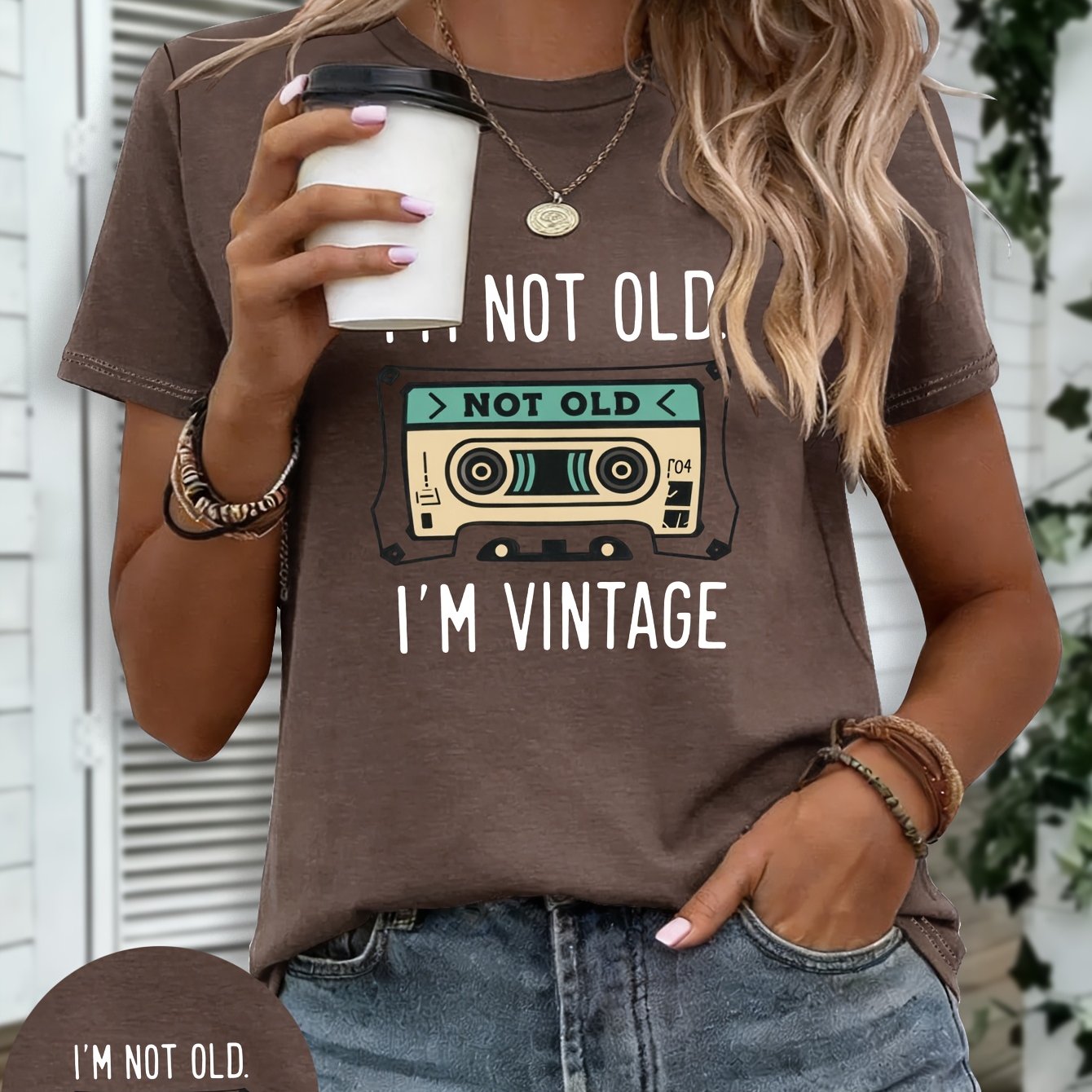 TEMU Women's Vintage Cassette Tape T-shirt With " Old. I'm Vintage" Slogan - Retro Short Sleeve Round Neck Blouse Suitable For Spring/summer Casual