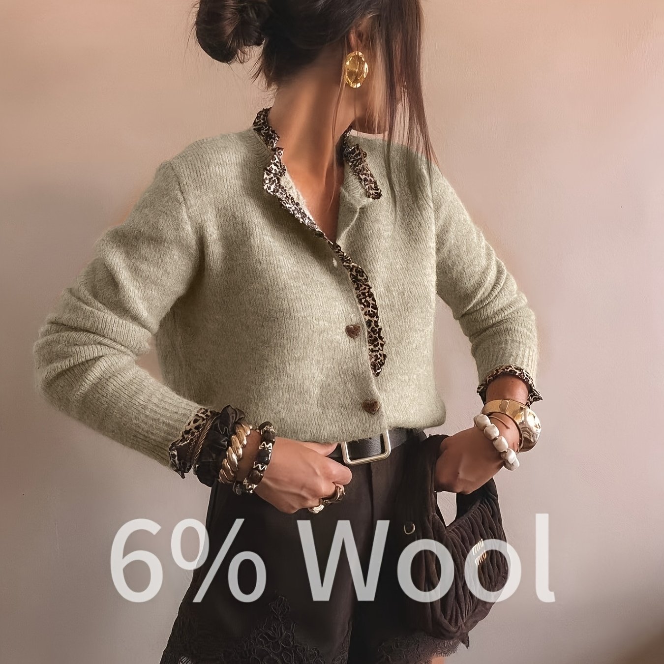 TEMU Cardigan Patchwork à Volants et Imprimé Léopard pour Femme, Pull à Manches Longues Élégant à Simple Rangée de Boutons, Tempérament Vintage ASD1