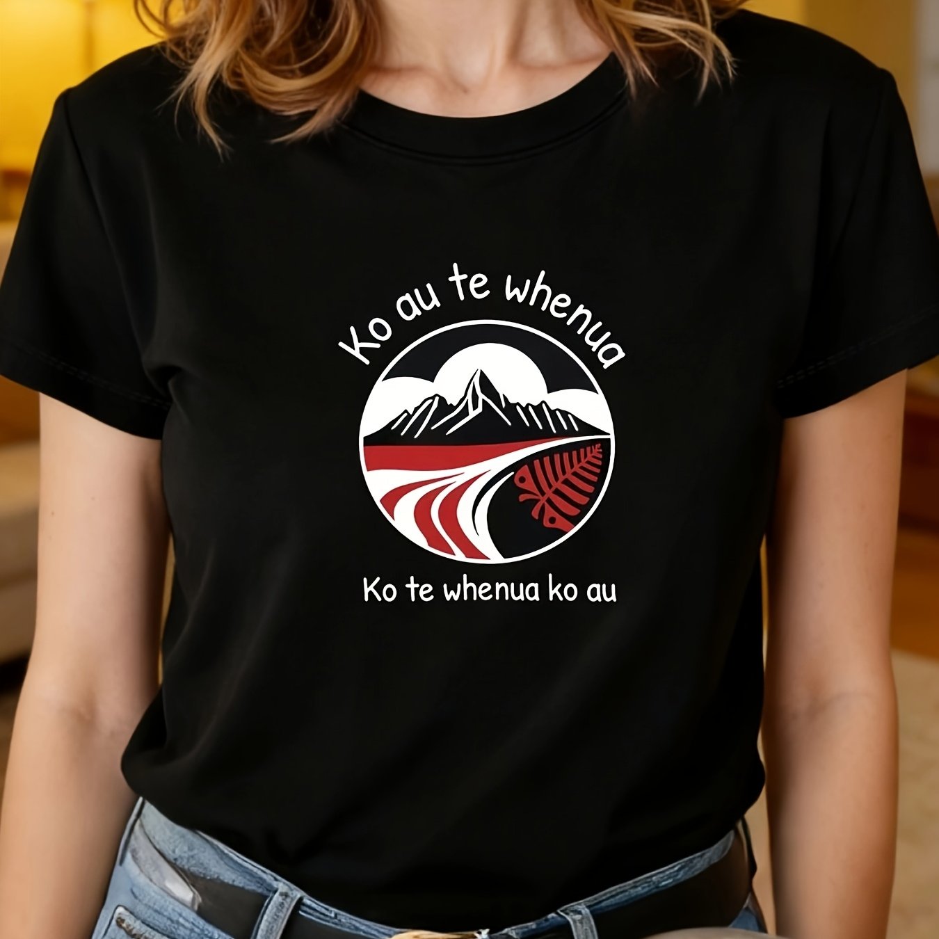 TEMU Women's T-shirt, Maori "ko Au Te Whenua Ko Te Whenua Ko Au," New Zealand-themed Cultural Letter Print, Women's Black Crew Neck Short Sleeve