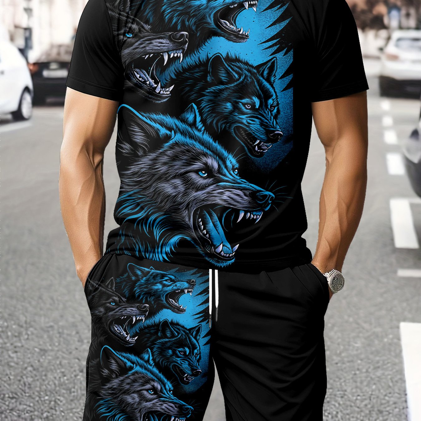 TEMU Men's Plus Size Summer Casual Sportswear Set, Comfortable Breathable Moisture-wicking Men' Style Wolf Head Sportswear Set, Summer Print Short
