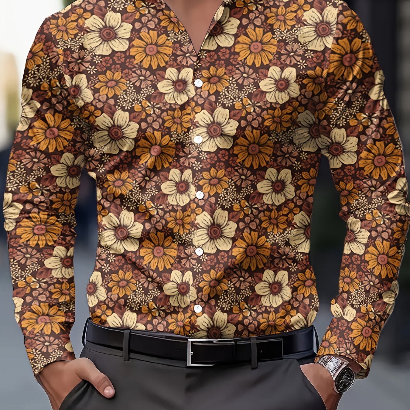 E-shop Herren-Mode-Printshirt, 70er Jahre Vintage, brauner Blumen-Floraldruck, lässiges Herren-Langarmhemd mit Knöpfen, Frühling, Sommer Herbst,