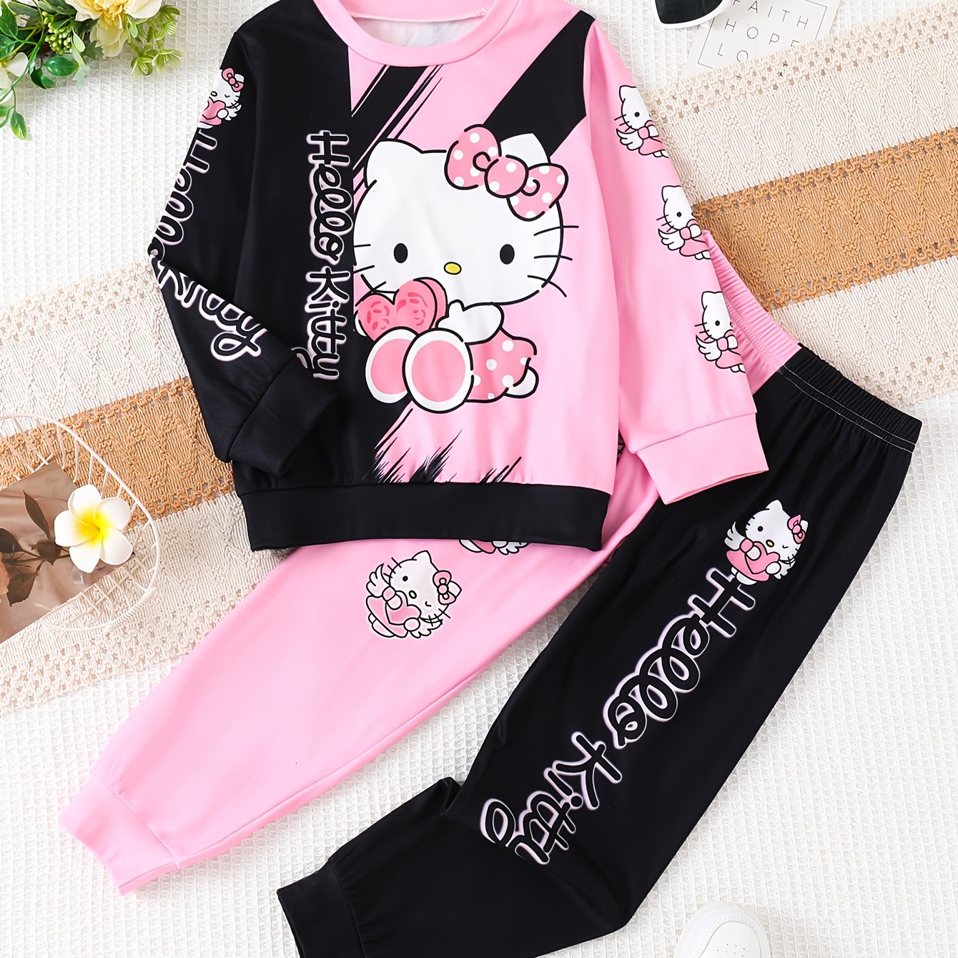 Girls' Comfortable Knit 2pcs Set, Hello Kitty Pattern, Spring, Autumn, Winter Warm Set For Girls, For Children