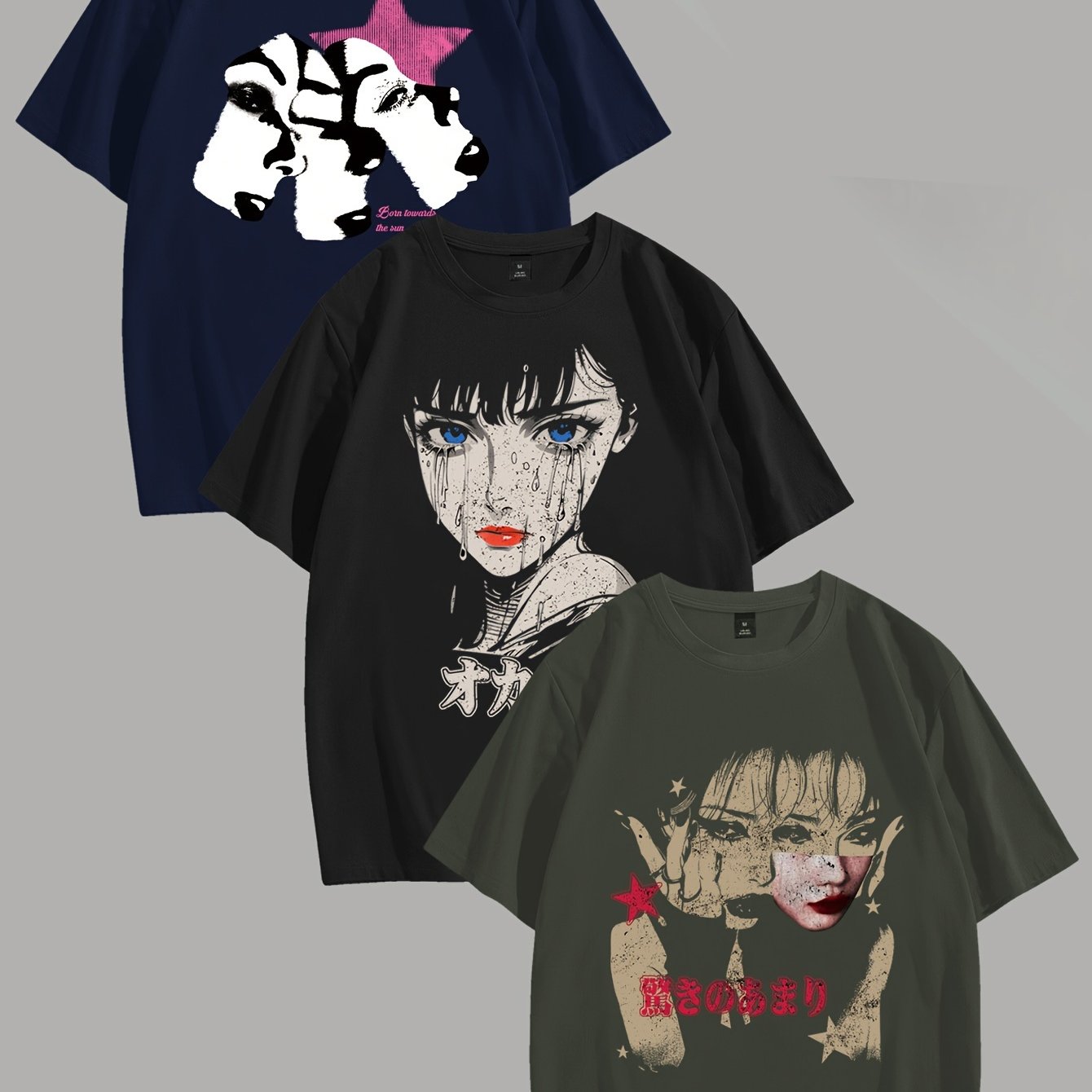 TEMU Men's Portrait Print Short-sleeve T-shirt Three-piece Set Featuring Creative Cartoon Designs For Couples, Stylish Shirts, And Casual Sportswear