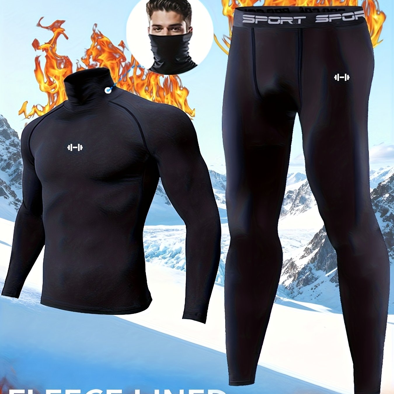 TEMU Fast-heating Thermal Underwear Set Black High Neck  30Â° For Men In Winter Sports Comfortable Base Layer