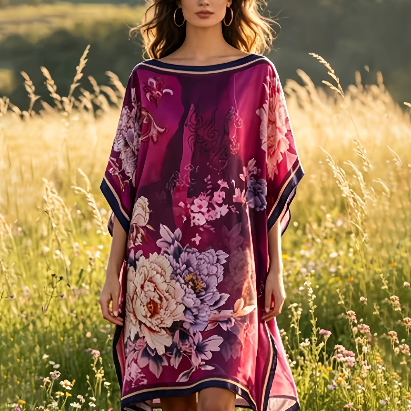 TEMU Western Large Floral Print Chiffon Blouse Women's Summer Thin Sheer Beach Sand Dollar Pullover Mid-length Blouse