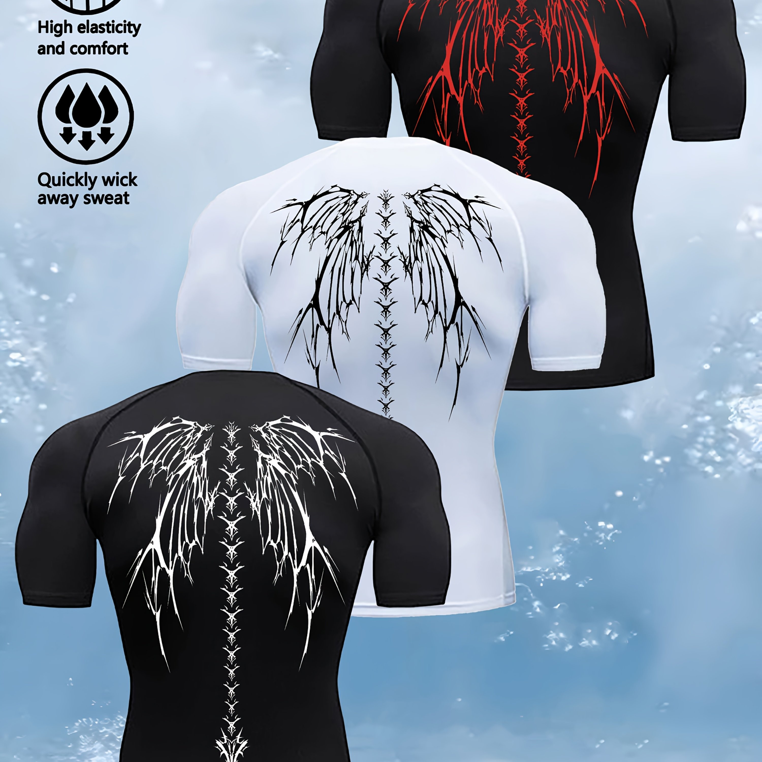 Image of 3pcs Wing Print Compression T-shirts For Men - High Elasticity, Quick-dry & Breathable, Ideal For Running, Gym, Fitness, Boxing - Black With , Gym Apparel|sporty Look|compression Tee