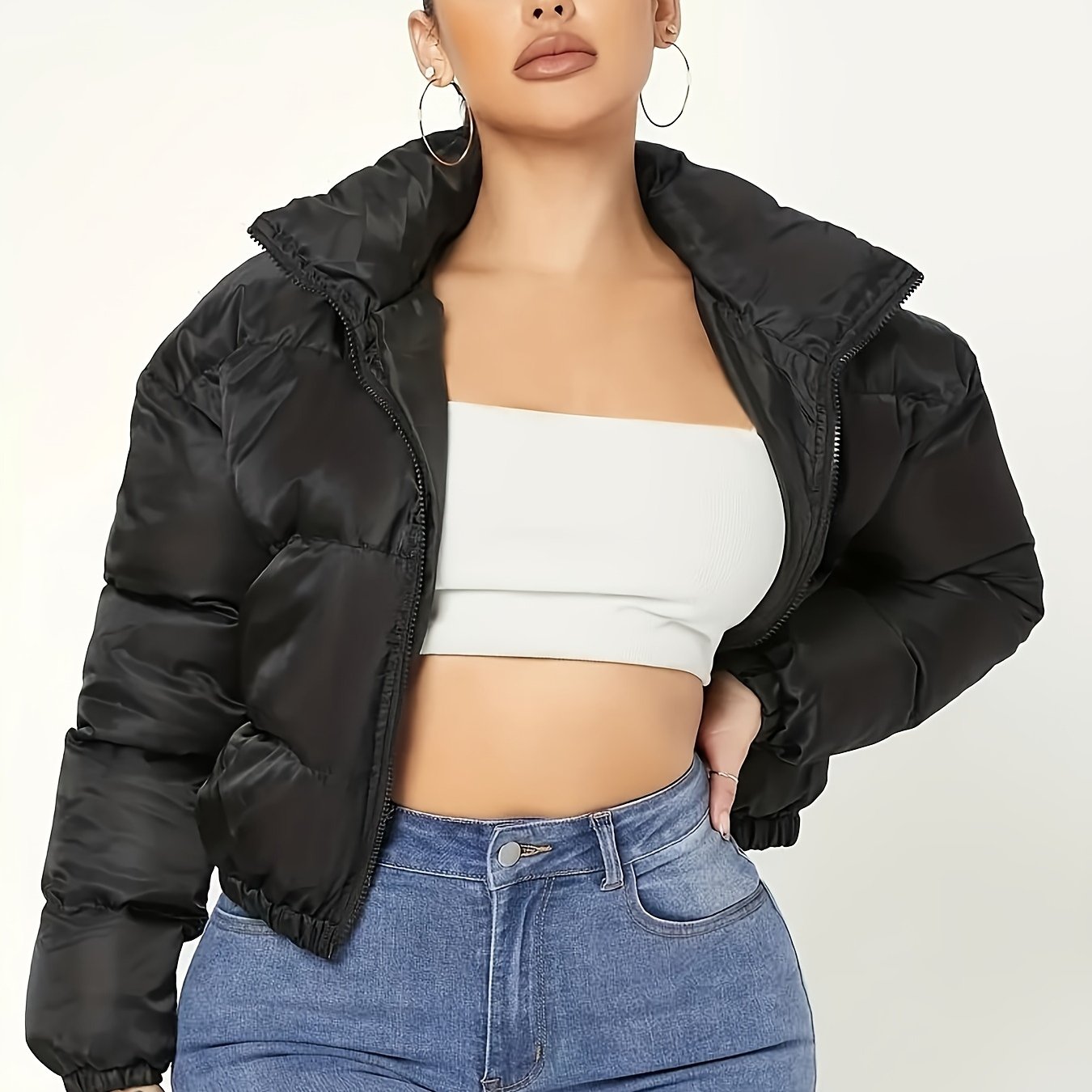 Solid Color Zipper Front Slim-fit Jacket, Y2k Long Sleeved Crop Jacket, Women's Wear