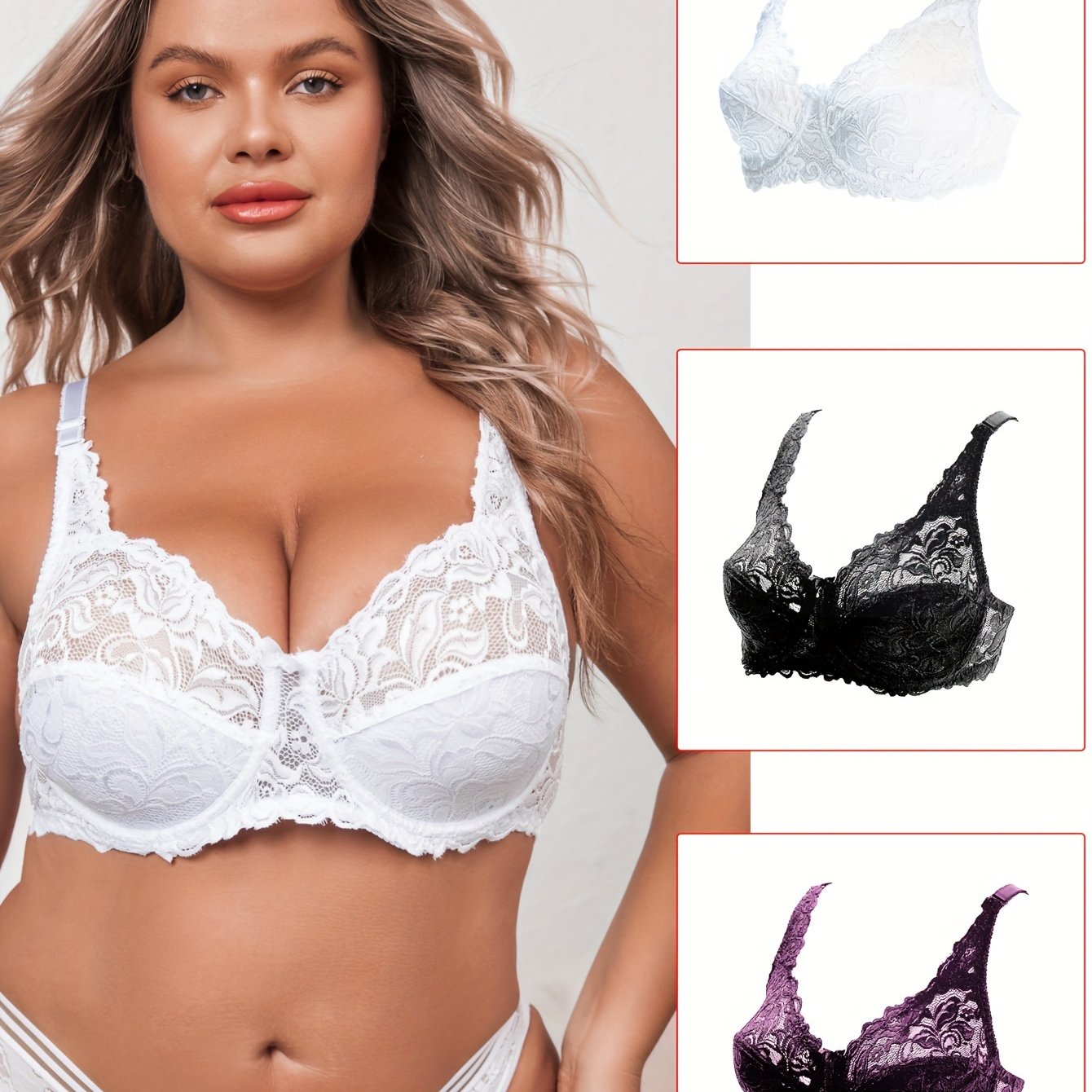 3 Pack Plus Size Sexy Bras Set, Women's Plus Floral Lace Full Cover  Scalloped Trim Bralette 3pcs Set