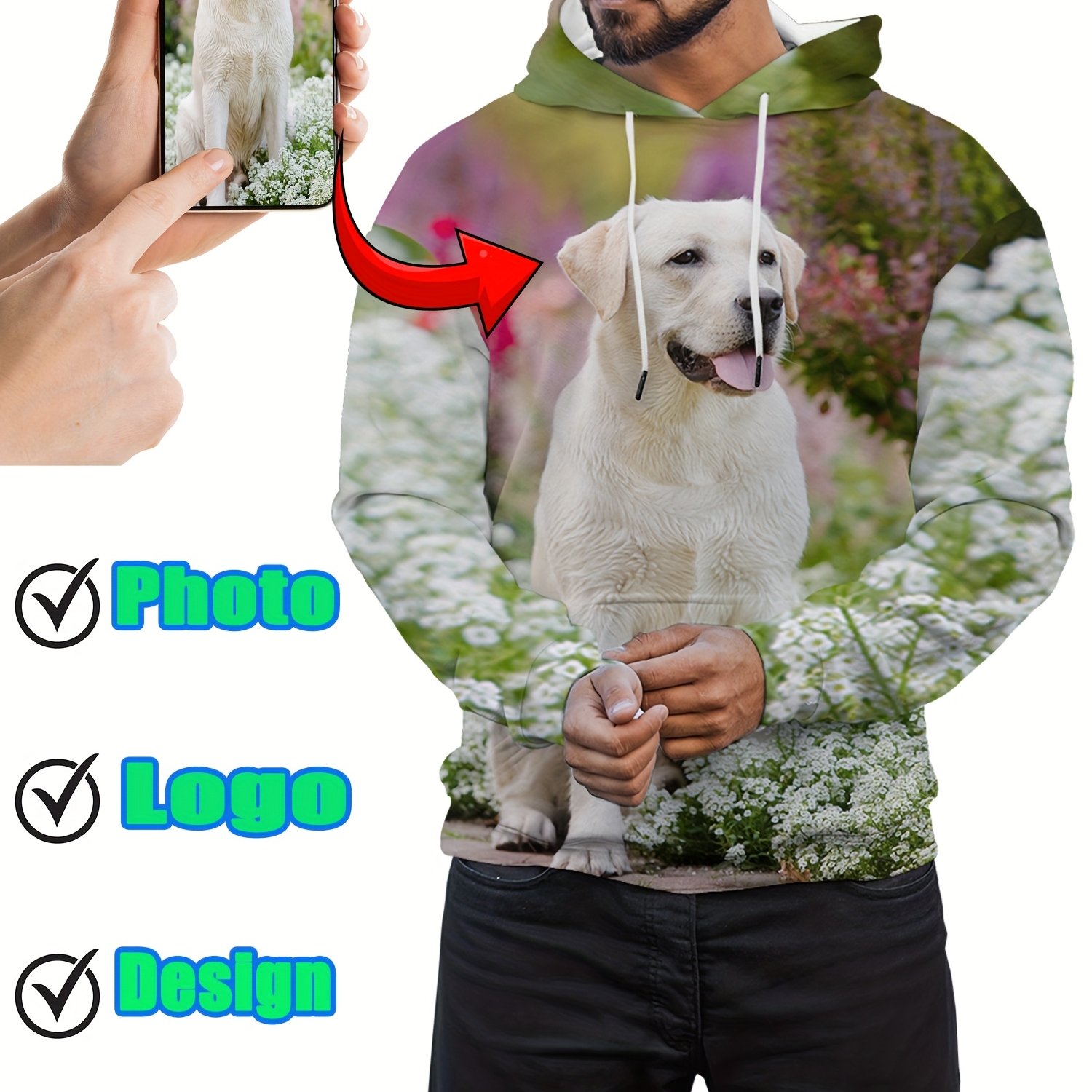 TEMU Customizable Men's Hoodie With Photo Print - Personalized Pet & Couple Design, Soft Polyester Fabric, Large Size Casual Pullover For Anniversary