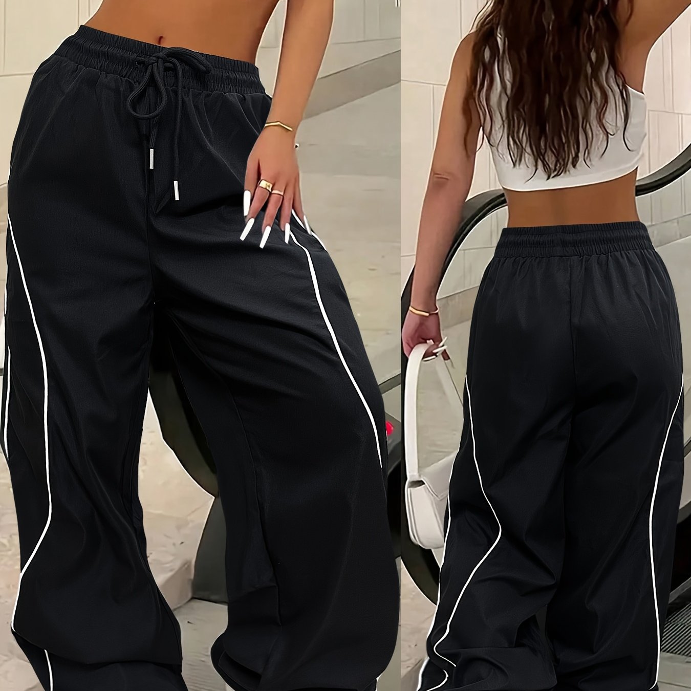 Image of Women's Striped Contrast Long Pants, Wide Leg Loose Fit, Drawstring Elastic Waistband, Y2k Style, Women's Clothing