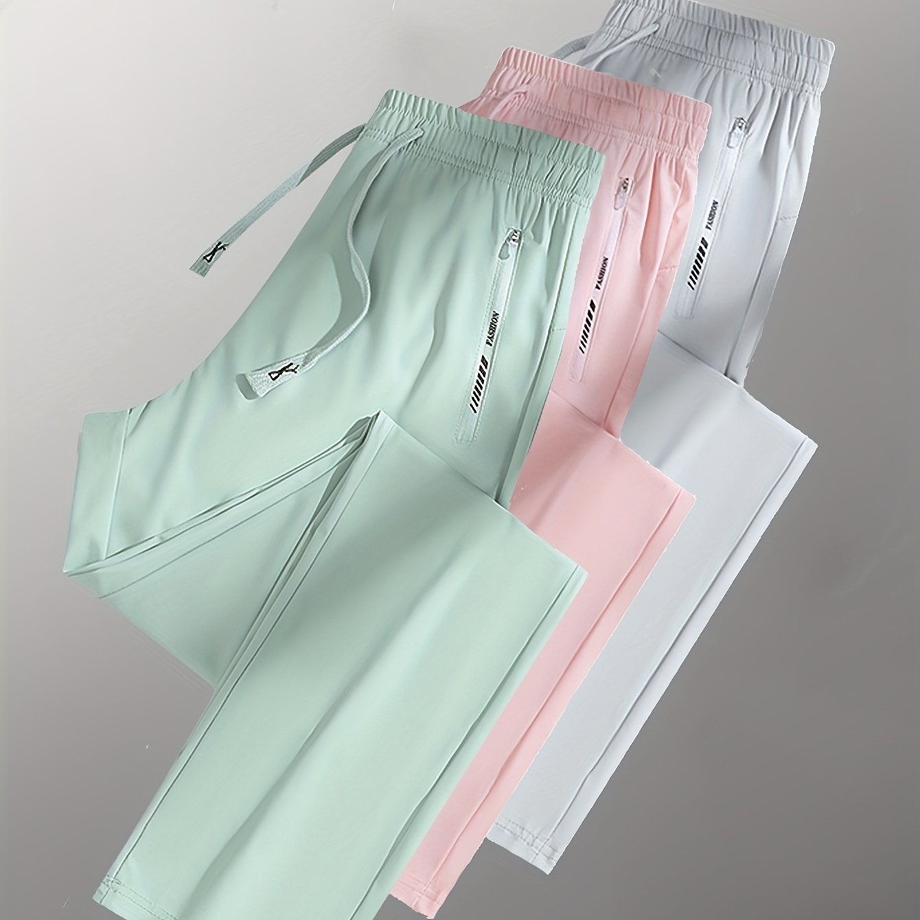 Image of 3pcs Women's Athletic Long Pants Set, Thin Breathable Casual Sports Trousers With Zipper Pockets And Elastic Waist Straight Leg Pants