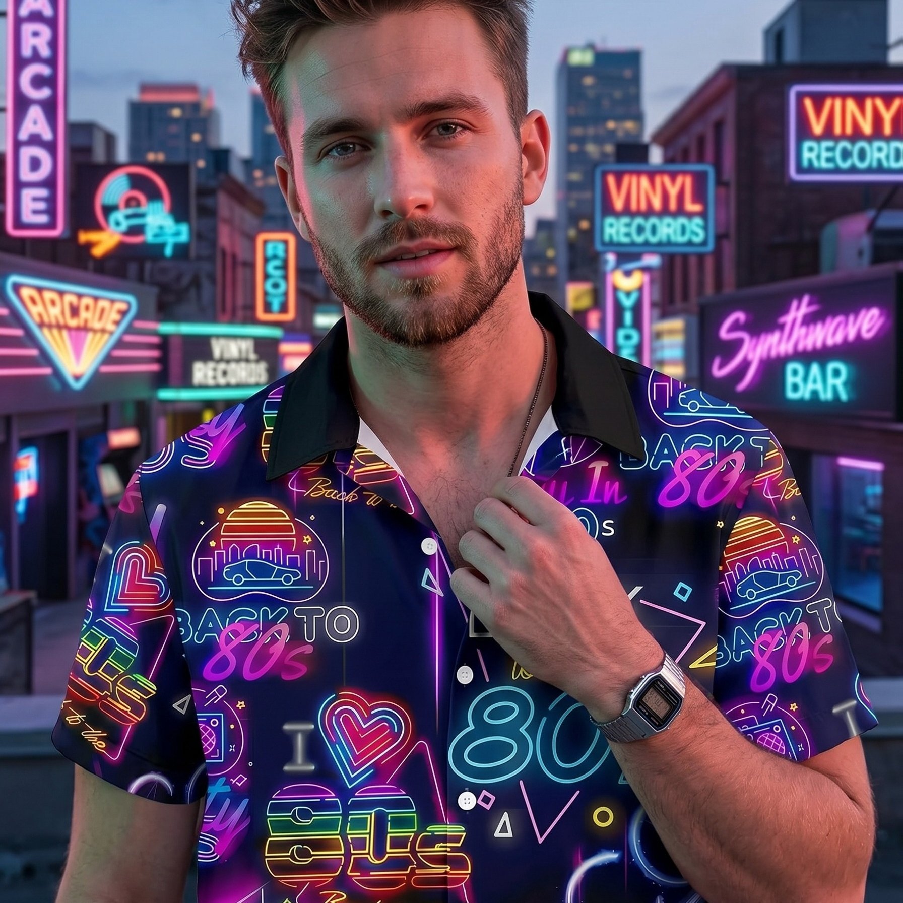 Image of 80s Neon Retro Pattern 3d Print Men's Fashion Casual Shirt -hop Hawaiian Shirt