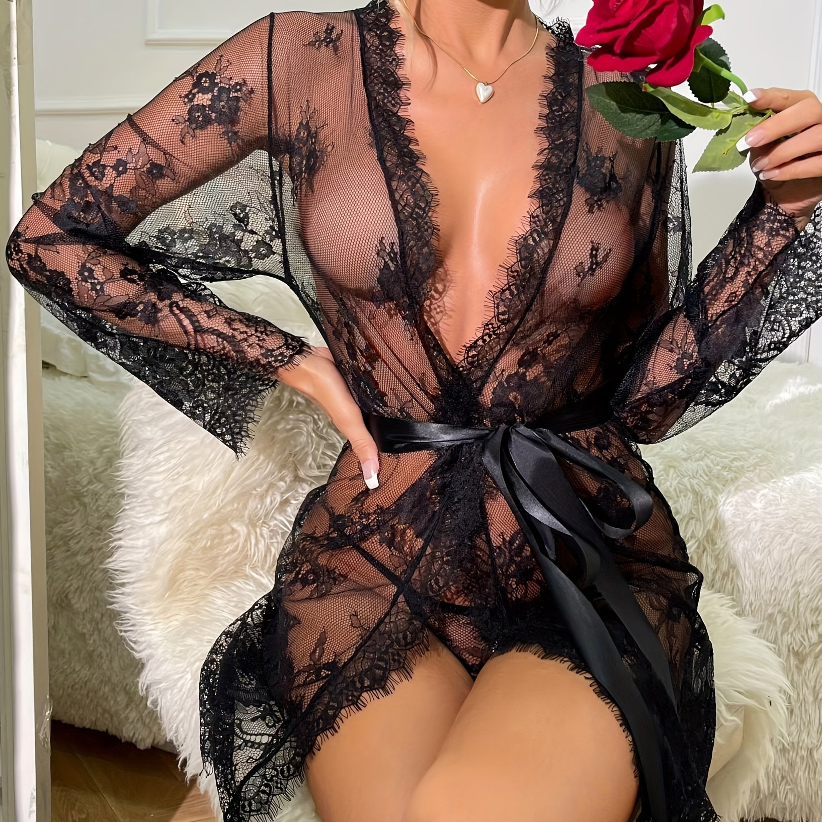 LSFYSZD Women Deep V-neck Sexy Lingerie Robes Long Sleeve Lace