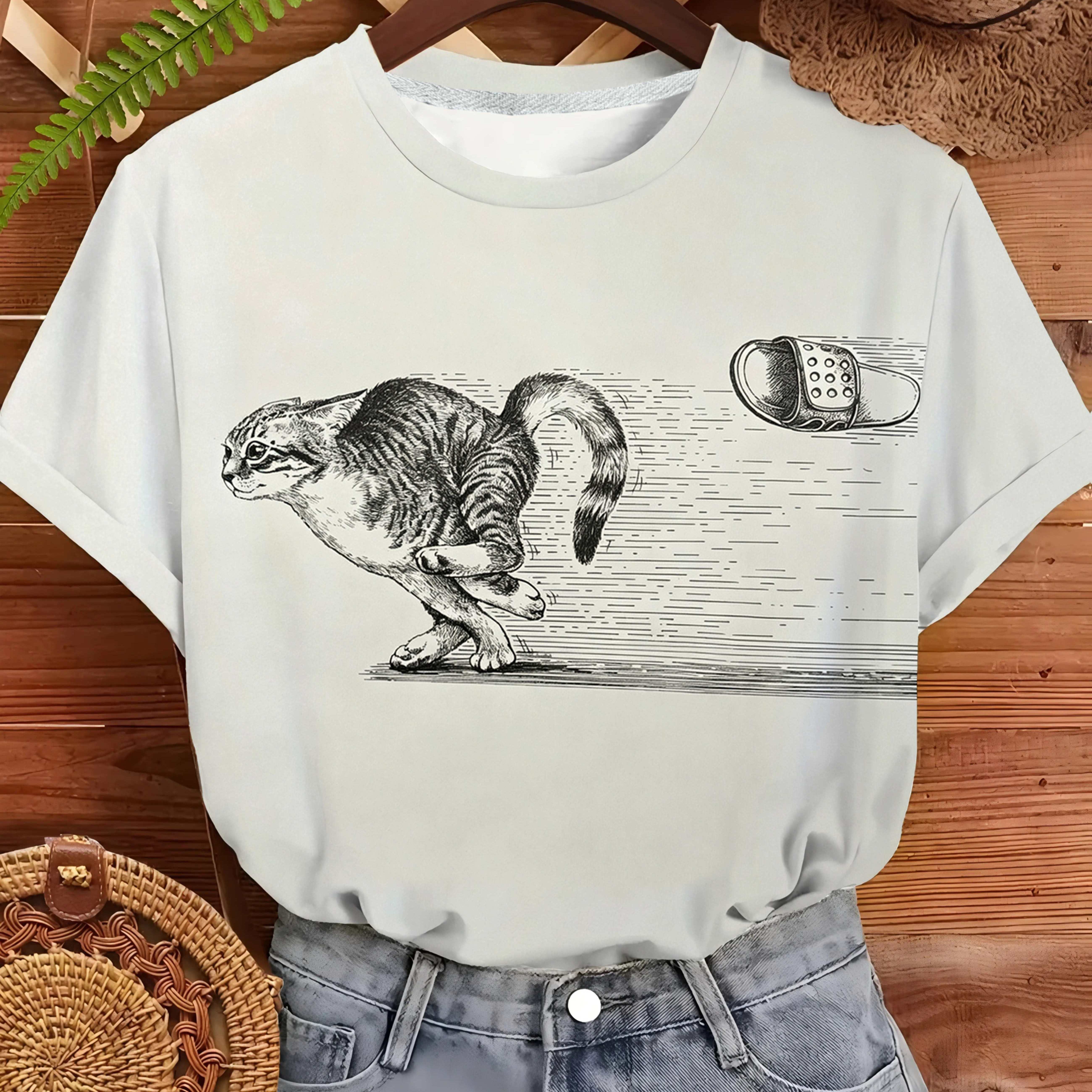 TEMU Art Illustration Short-sleeve Women's T-shirt, Cute And Pattern, Loose Fit, Versatile Summer Tee