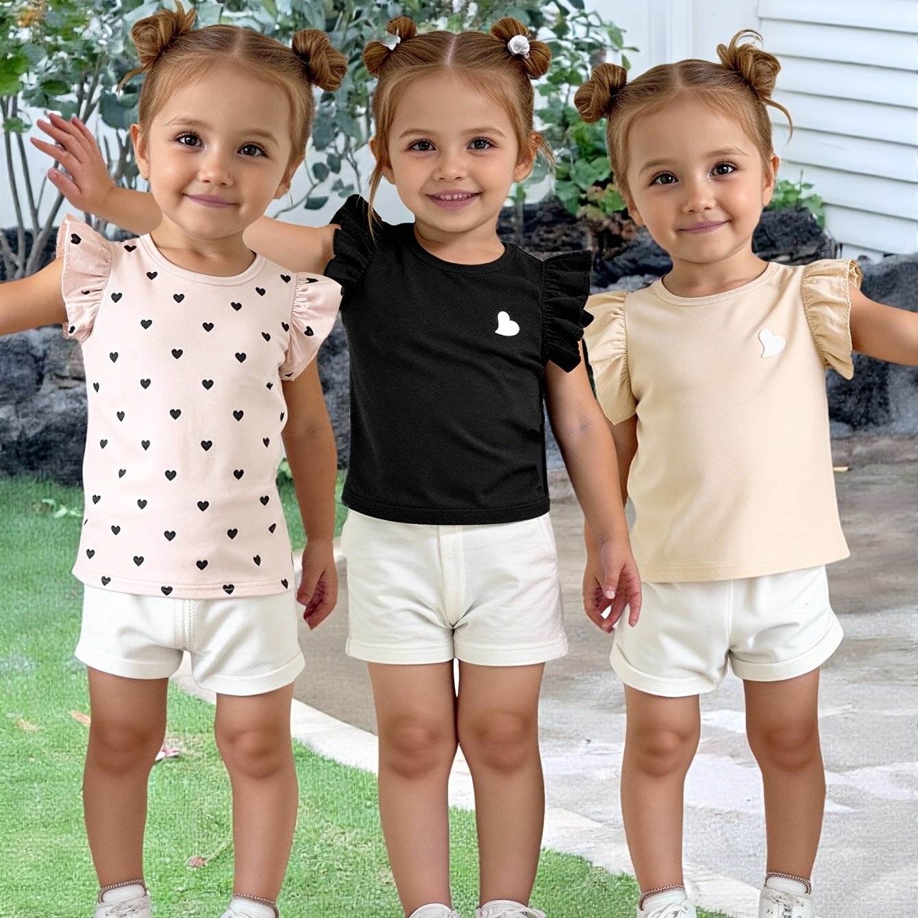 Three-pack Young Girl Casual Heart Print Round Neck T-shirt For Summer