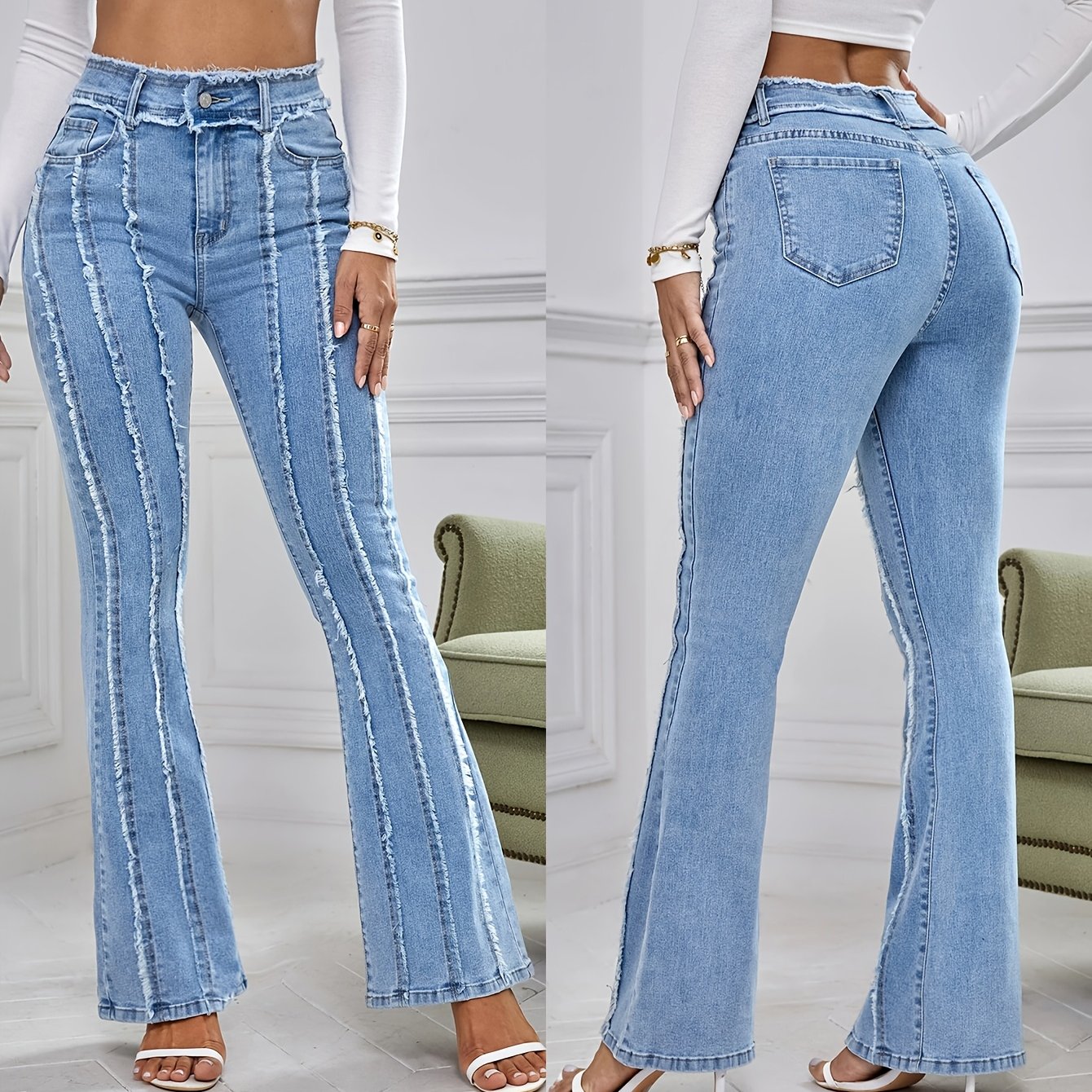 TEMU Light Blue Fringed Tight Fitting Women's Jeans With High Waisted Stretch And Effect, Women's Bell Bottoms For Outdoor Wear, All Season