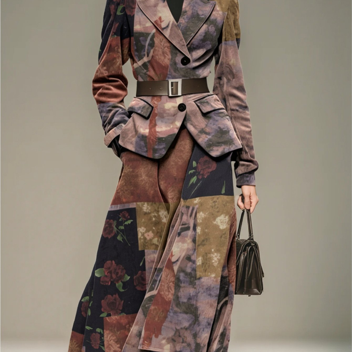 Image of Retro Floral Lapel Waist-cinched Blazer + High Waist Flared Skirt Women's 2pcs Set | Artistic Individual Fashionable Temperament Style, Perfect For Looks And Important Occasions Looks