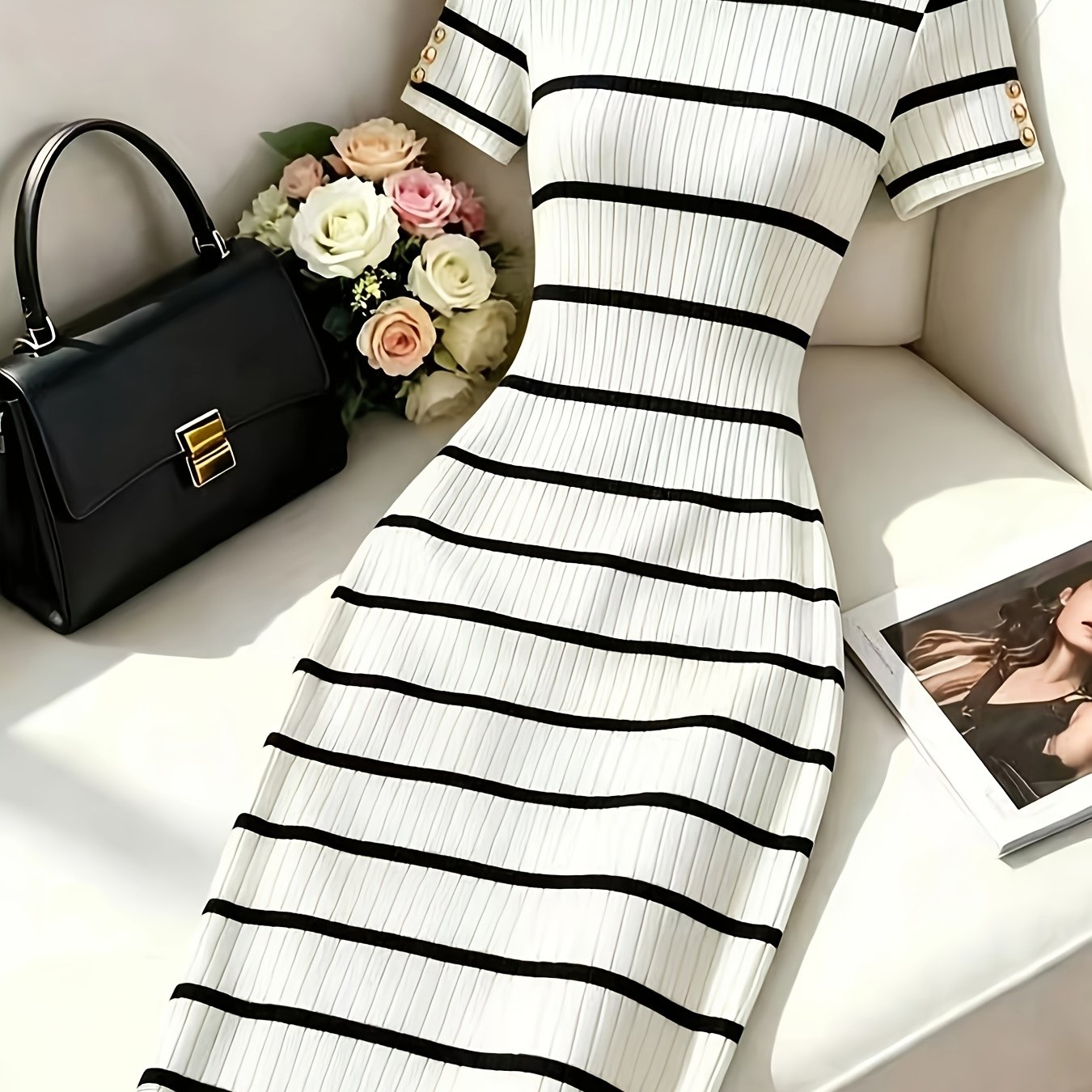 TEMU Women's Striped Round Neck Short Sleeve Button Design Casual Mid-length Dress