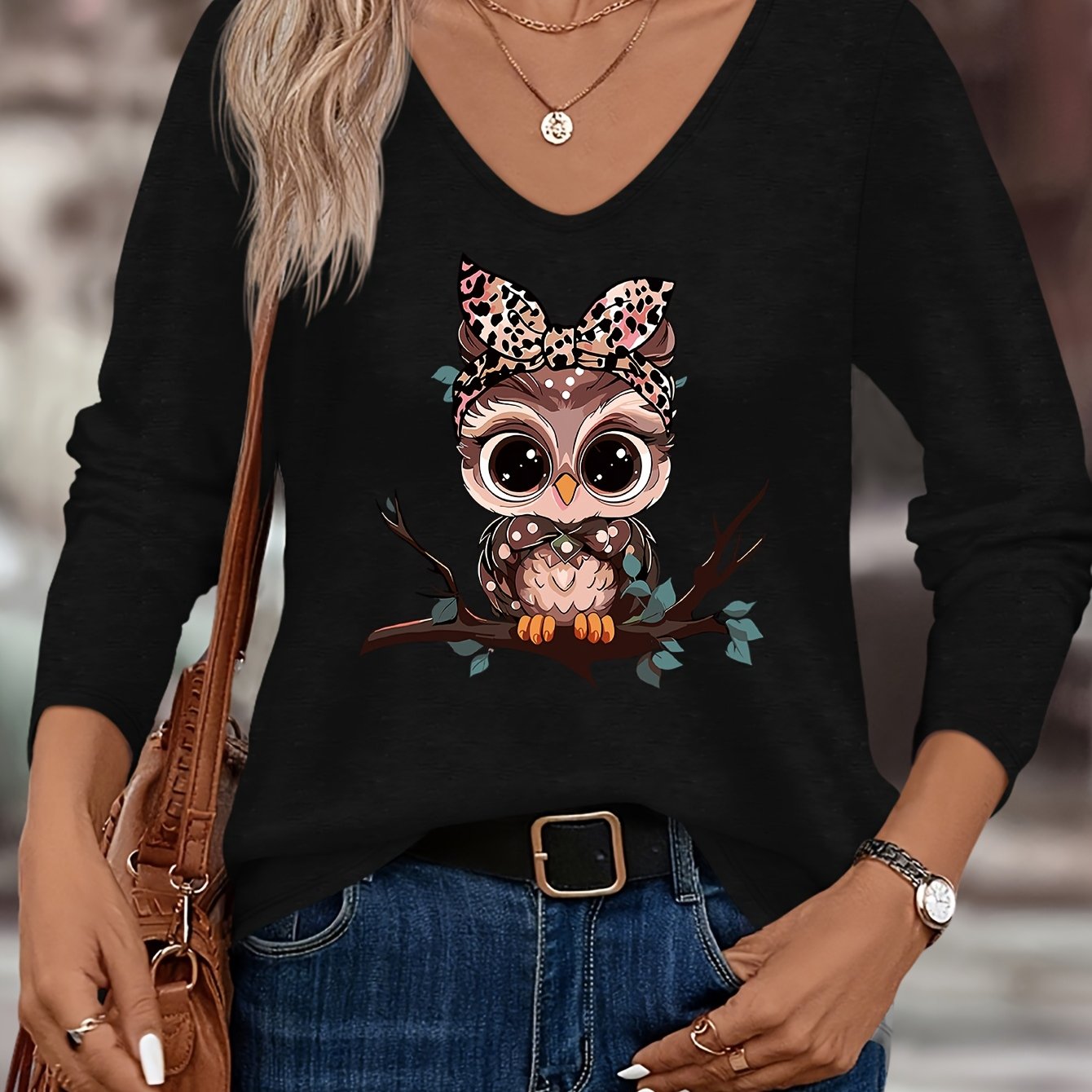 TEMU Women's Autumn And Winter Top Featuring A Cartoon Owl Print, Perfect For Casual Wear With A Stylish And Comfortable V-neck Long Sleeve T-shirt