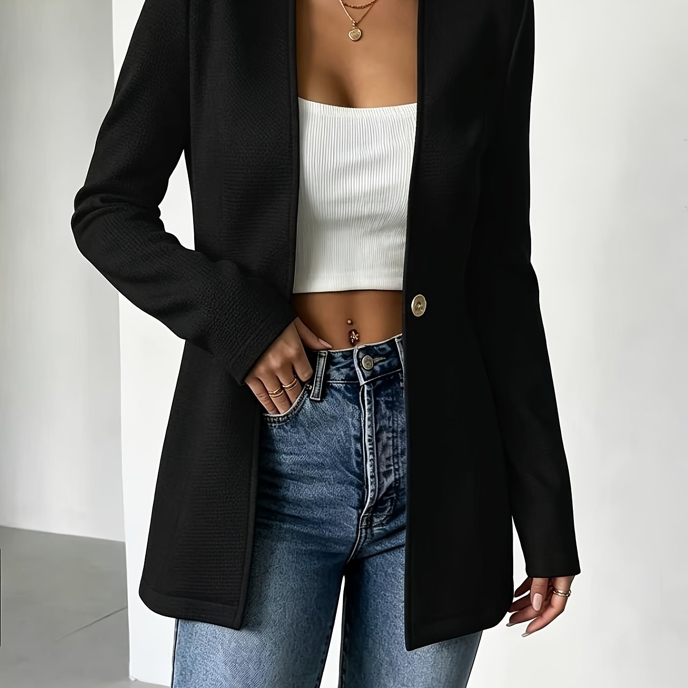 TEMU New Autumn/winter Women' Color Round Neck Long Sleeve Waist-cinching Single-breasted Jacket Outerwear