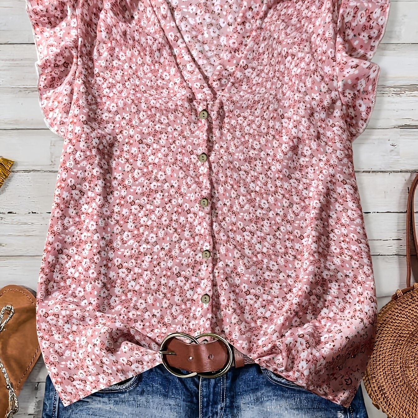 E-shop Plus Size - Plus Size - Plus Size Damen Freizeit Urlaub -Ausschnitt Kurzarm Bluse mit Blumenmuster, Lässig, Sommer Damenmode, Urlaubsoutfit,