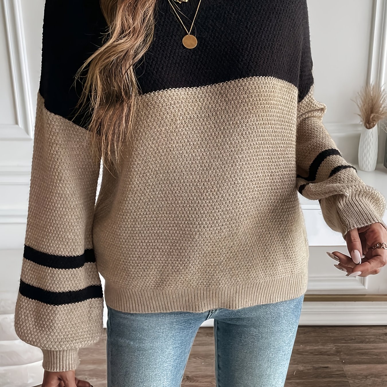 Elegant Color Block Sweater For Women - Round Neck, Loose Fit, Long Sleeve, Beige & Black, Spring/fall, Style, Top | Round Neck Sweater | Construction, Sweater Dress