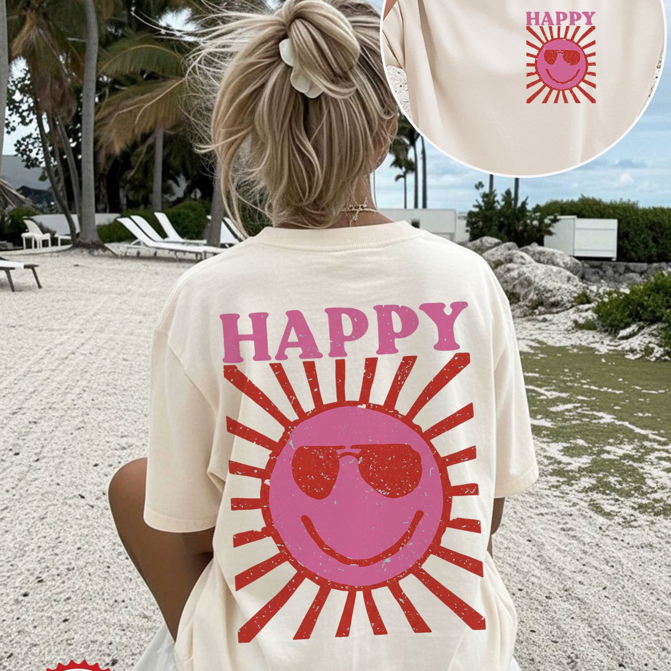 Image of Women's Summer Casual Top With Double-sided Print Featuring A Retro Style, Sun, Glasses, And A Happy Graphic On A Short-sleeve, Round-neck, Oversized T-shirt