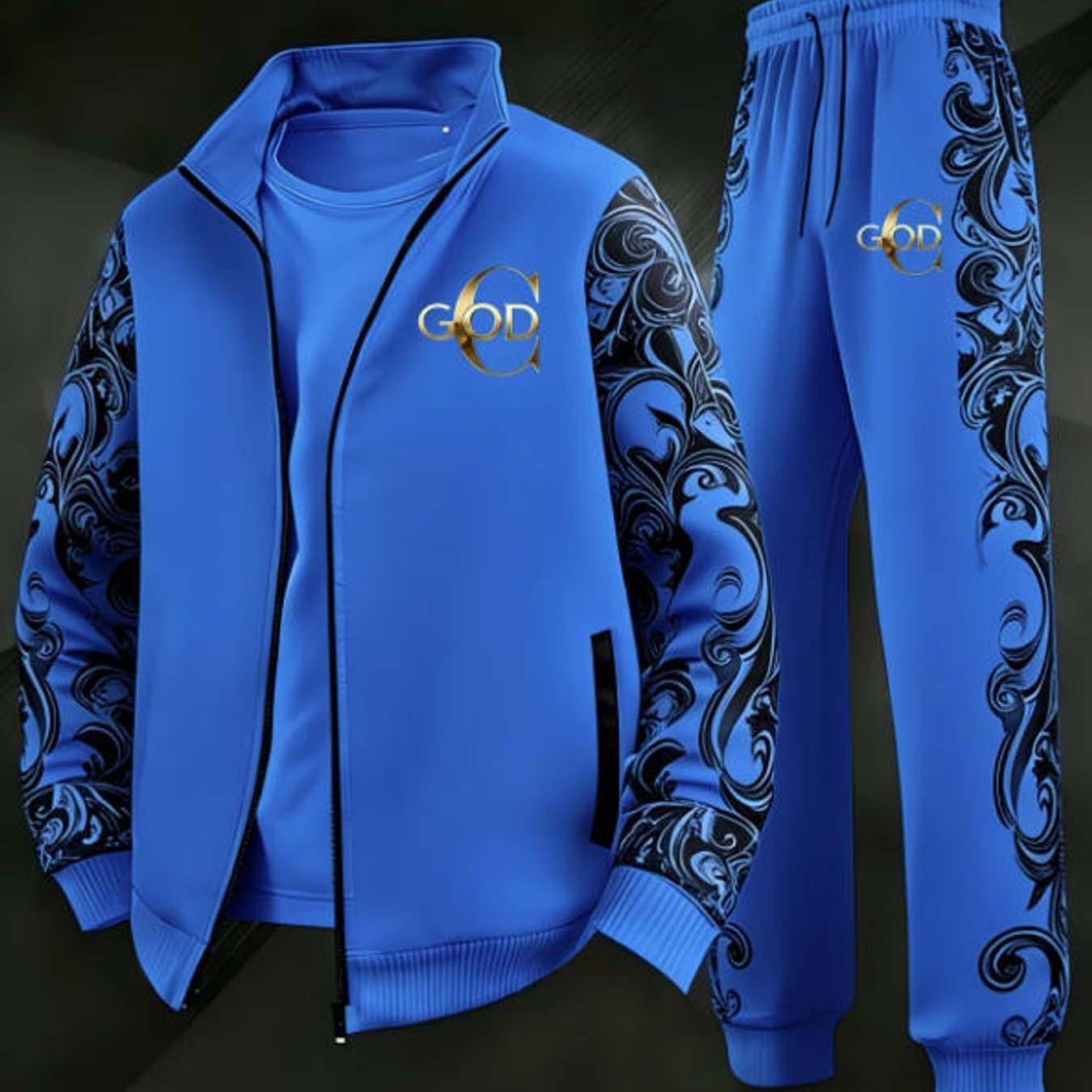 Image of Plus Size Men's Style Trendy Vintage Scroll Pattern God Graphic Zip-up Tracksuit Casual Wear Sportswear Holiday Gift For Adult Men