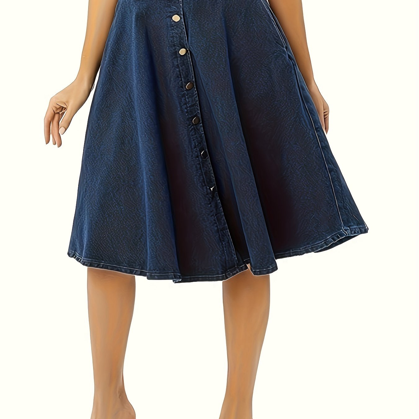Button-front Elasticated Flared Skirt Denim Skirt