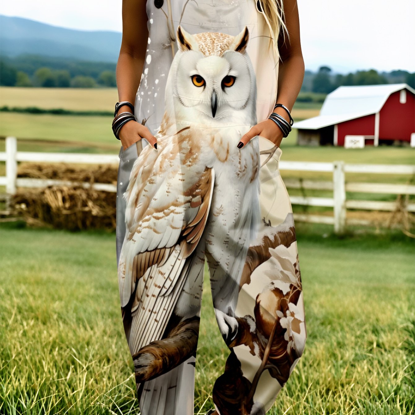 Image of Plus Size, Plus Size Women's Overalls 0xl-5xl Owl Pattern Print Comfortable And Breathable Summer Clothing Wide-leg Pants Loose-fitting Overalls Casual Wear