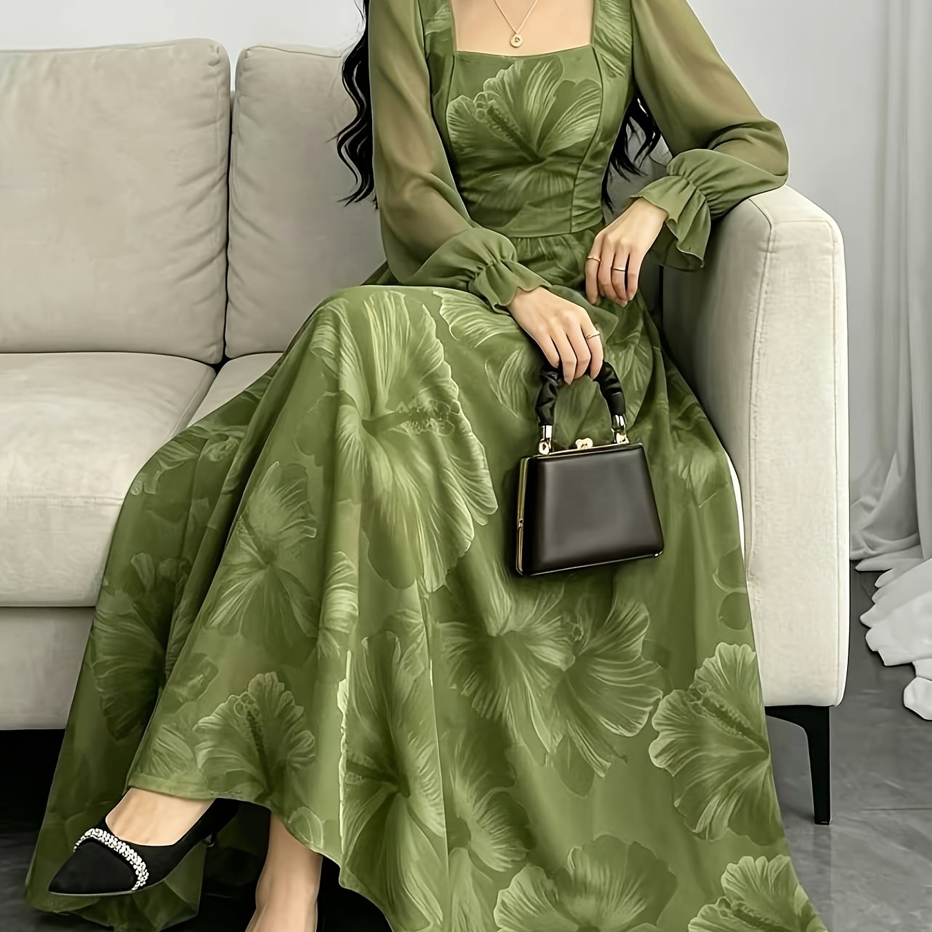 TEMU Elegant Women's Hibiscus Floral Neck Lantern Sleeve Long Dress, Waist-cinching Long Floral Pattern Dress, Suitable For And Daily Wear