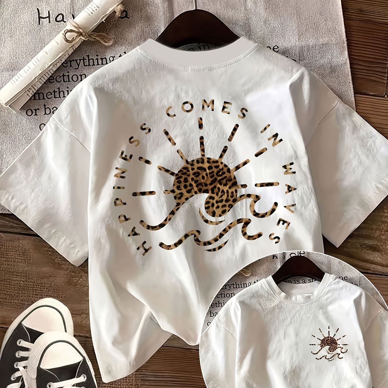 Image of Double-sided Print Summer Casual Women's Top, Vintage- And Leopard , Happy Round Neck Short Sleeve T-shirt