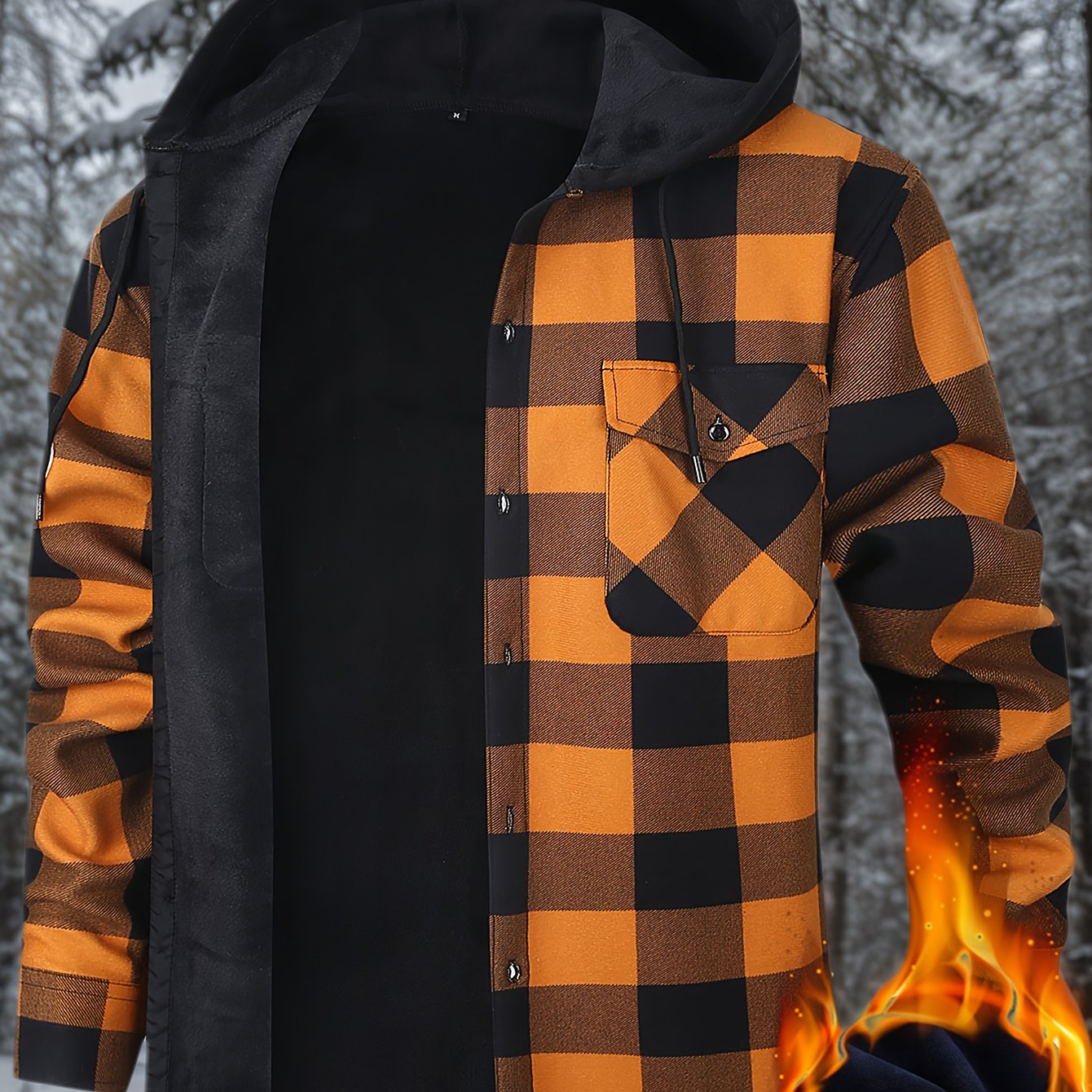 TEMU 's Hooded Long-sleeved Shirt Outdoor Casual Shirt Jacket | Flannel With Pocket Double | Inner Lining Is Thickened | Thermal Shirt