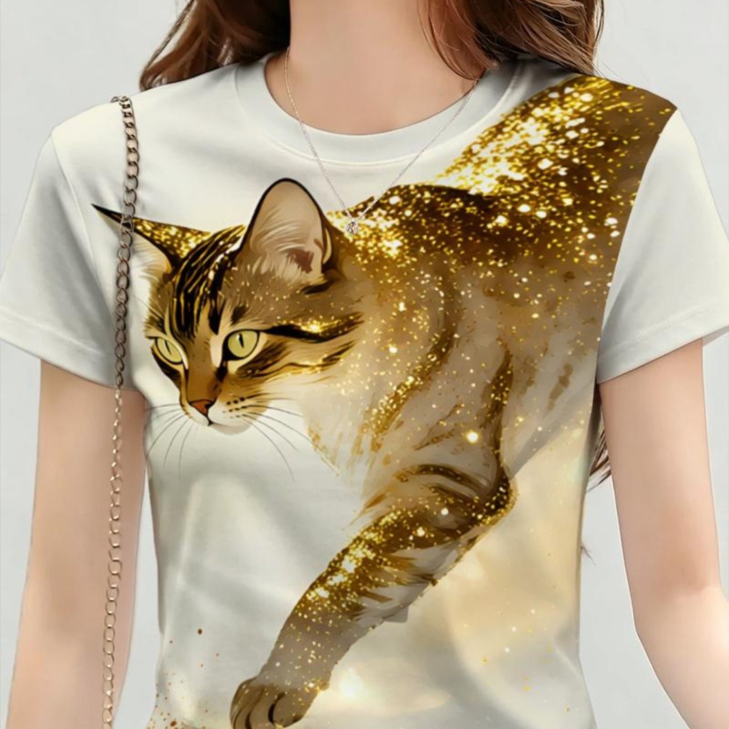 TEMU Women's Fashion T-shirt, Stylish Golden Spotted Cat Print, Bright Ethereal Design, Suitable For Daily Wear And Casual , Fashionable And Look