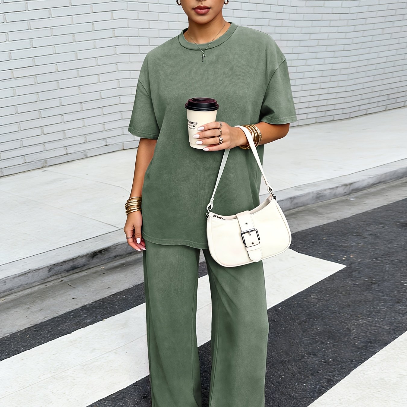 Image of Women's Casual Round Neck Short Sleeve Straight Leg Pants Set, Distressed Washed Loose Fit Autumn/winter Style