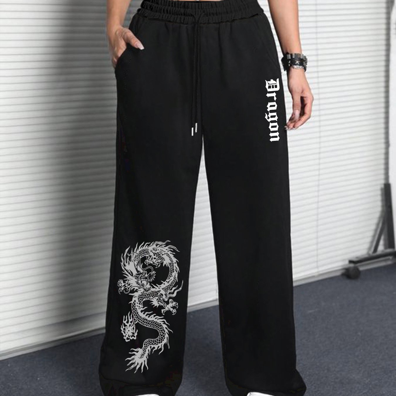 TEMU Casual Women's Long Pants With Fun Prints, Featuring A Drawstring Elastic Waist And Straight-leg Design, Stylish And Versatile Hip-hop Street