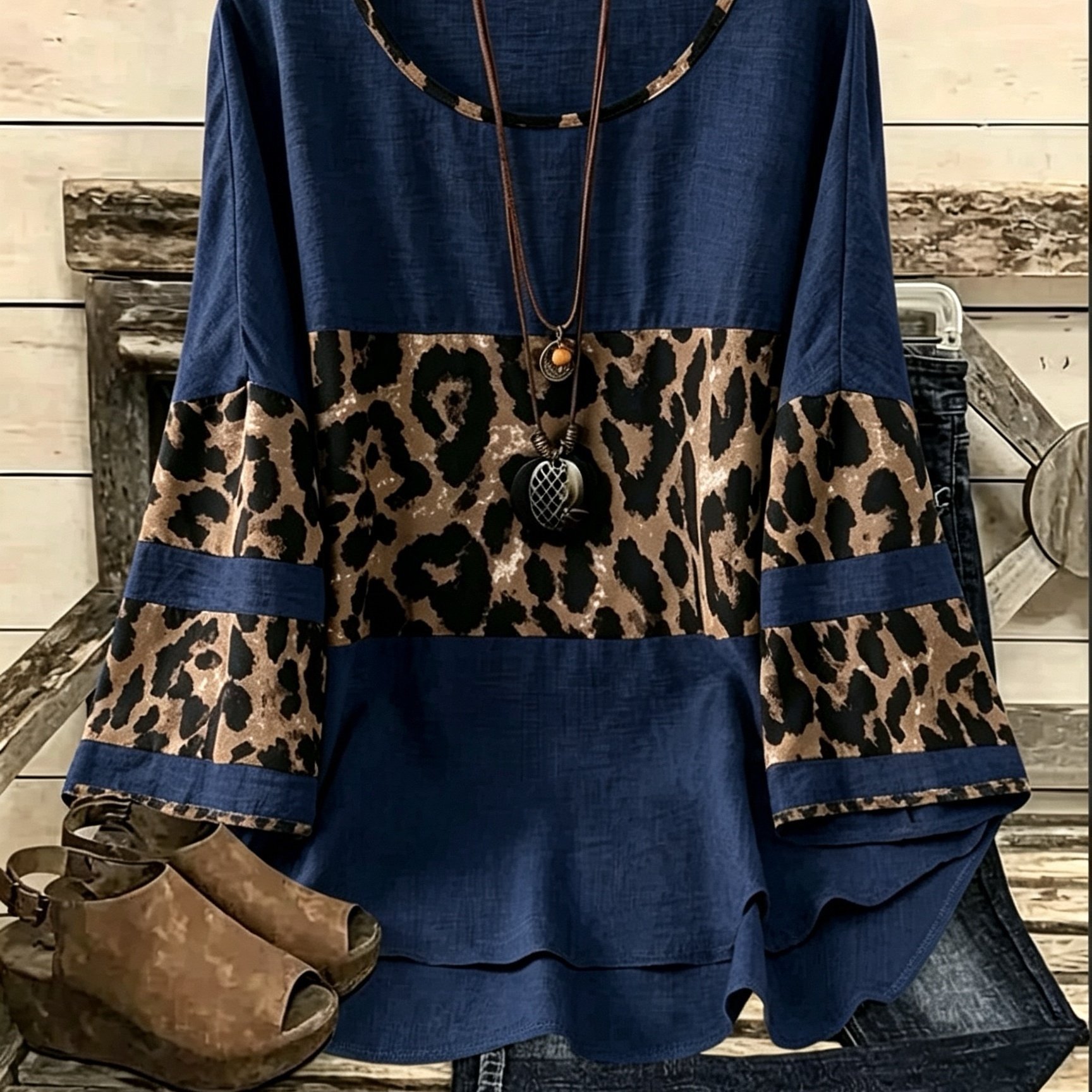 TEMU Plus Size Dames Marineblauwe Luipaard Patchwork Contrasterende Blouse, Ronde Hals Uitlopende Mouw Casual Fashion Top, Zachte Ademende Stof,