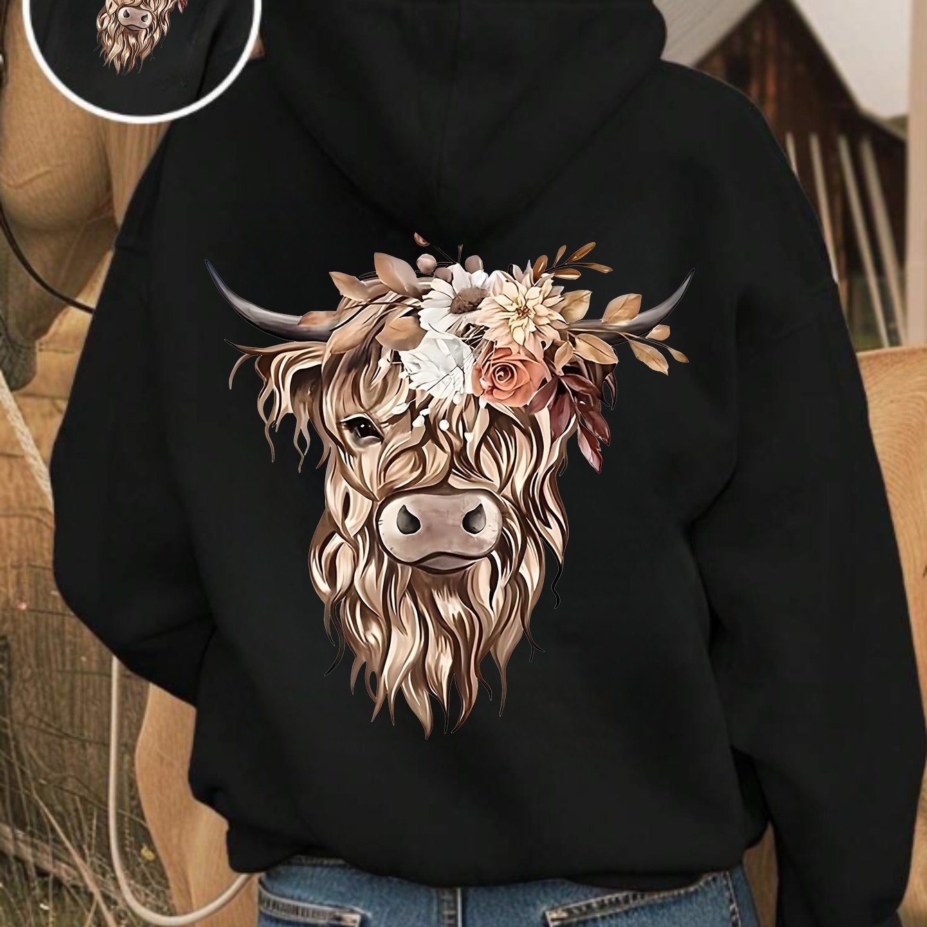 TEMU Highland Cow Graphic Print Hoodie, Drawstring Casual Hooded Sweatshirt For Winter & Fall, Women's Clothing